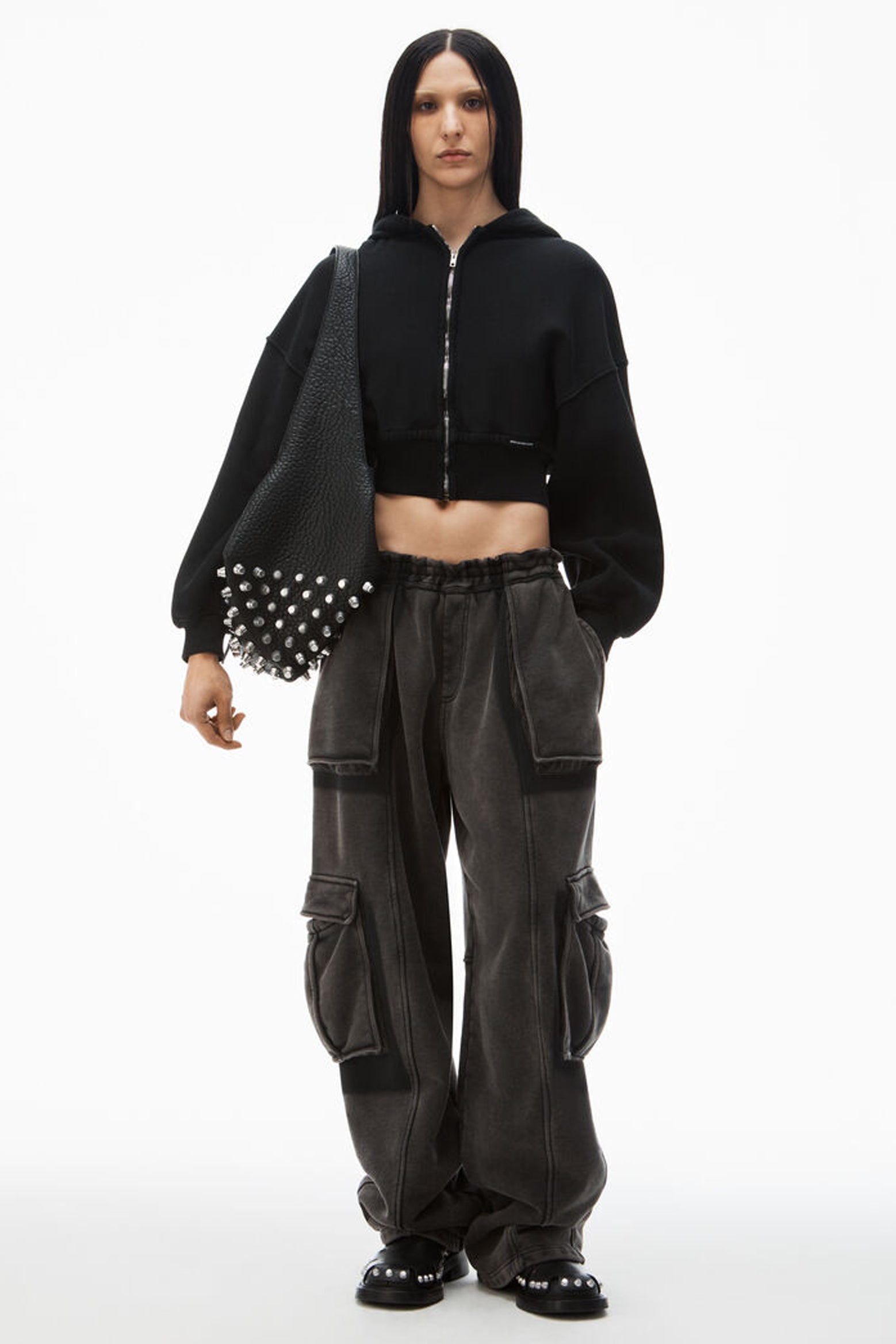 The Alexander Wang Cropped Zip Hoodie With Branded Seam Label in Faded Black available at The New Trend Australia