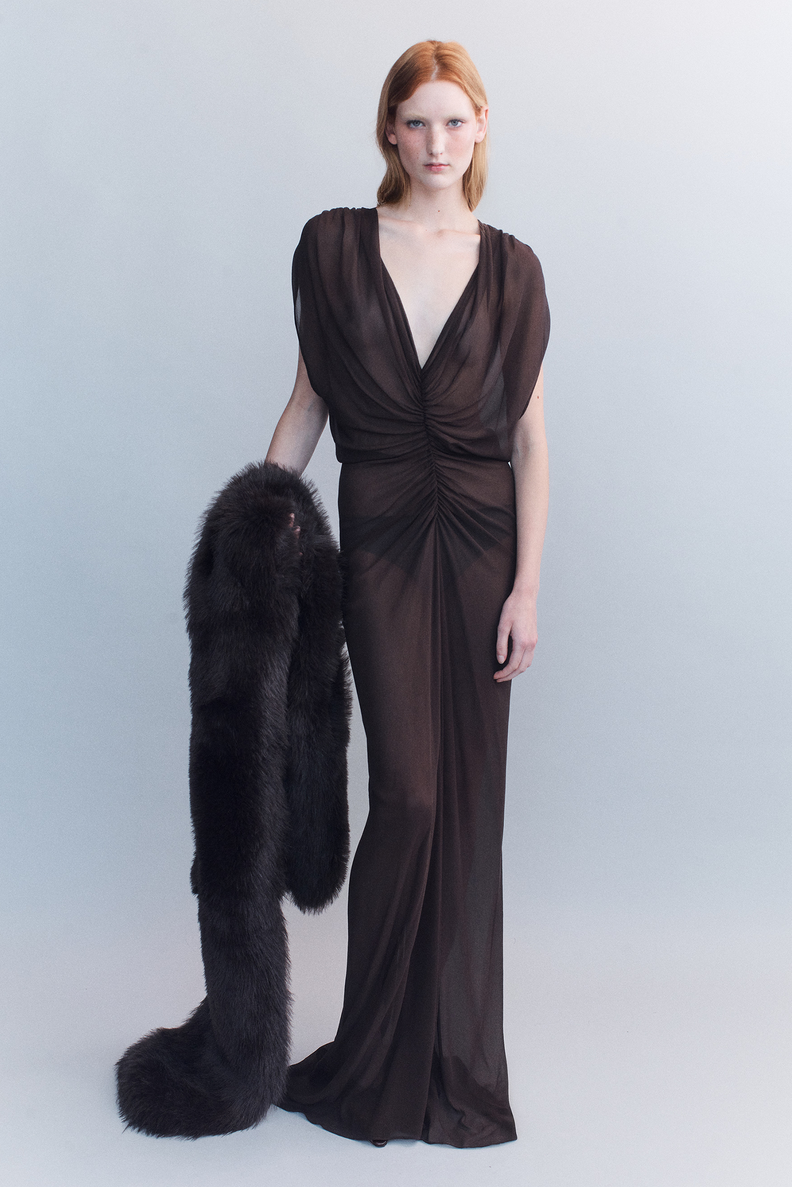 COURTNEY ZHENG RUCHED V NECK GOWN IN DARK BROWN | THE NEW TREND