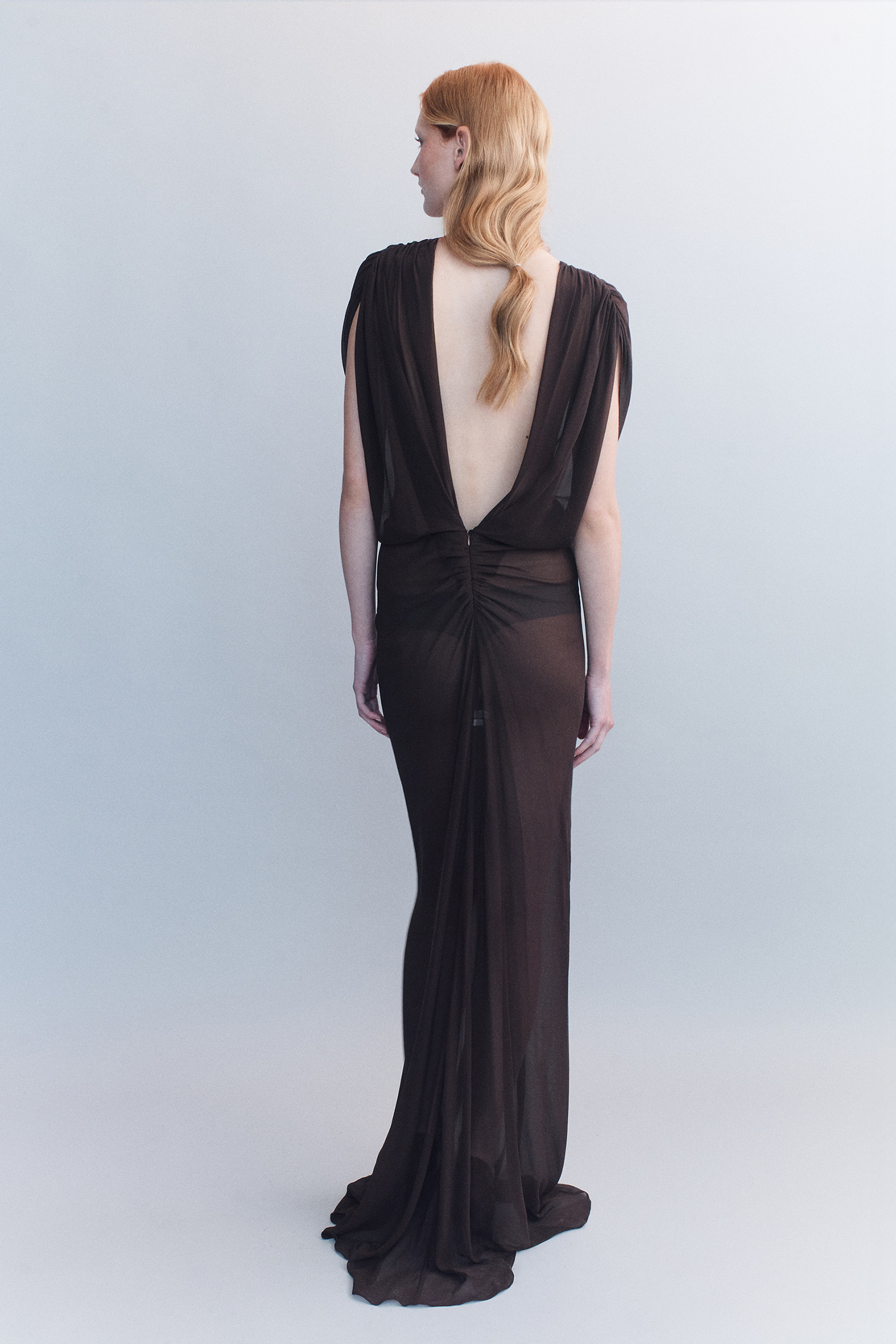 COURTNEY ZHENG RUCHED V NECK GOWN IN DARK BROWN | THE NEW TREND