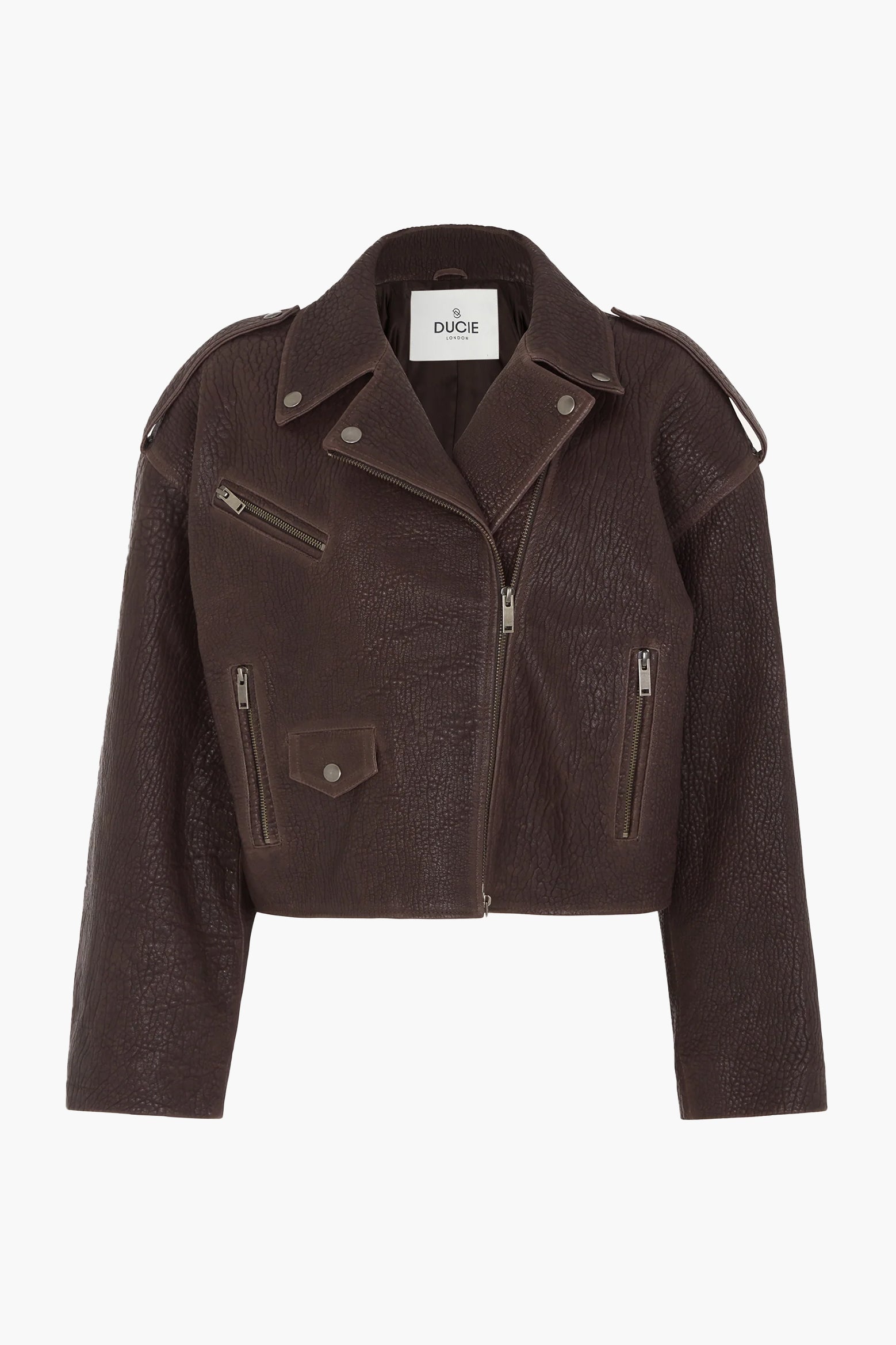 DUCIE LONDON Ophelia Leather Biker Jacket in Bitter Chocolate available at The New Trend