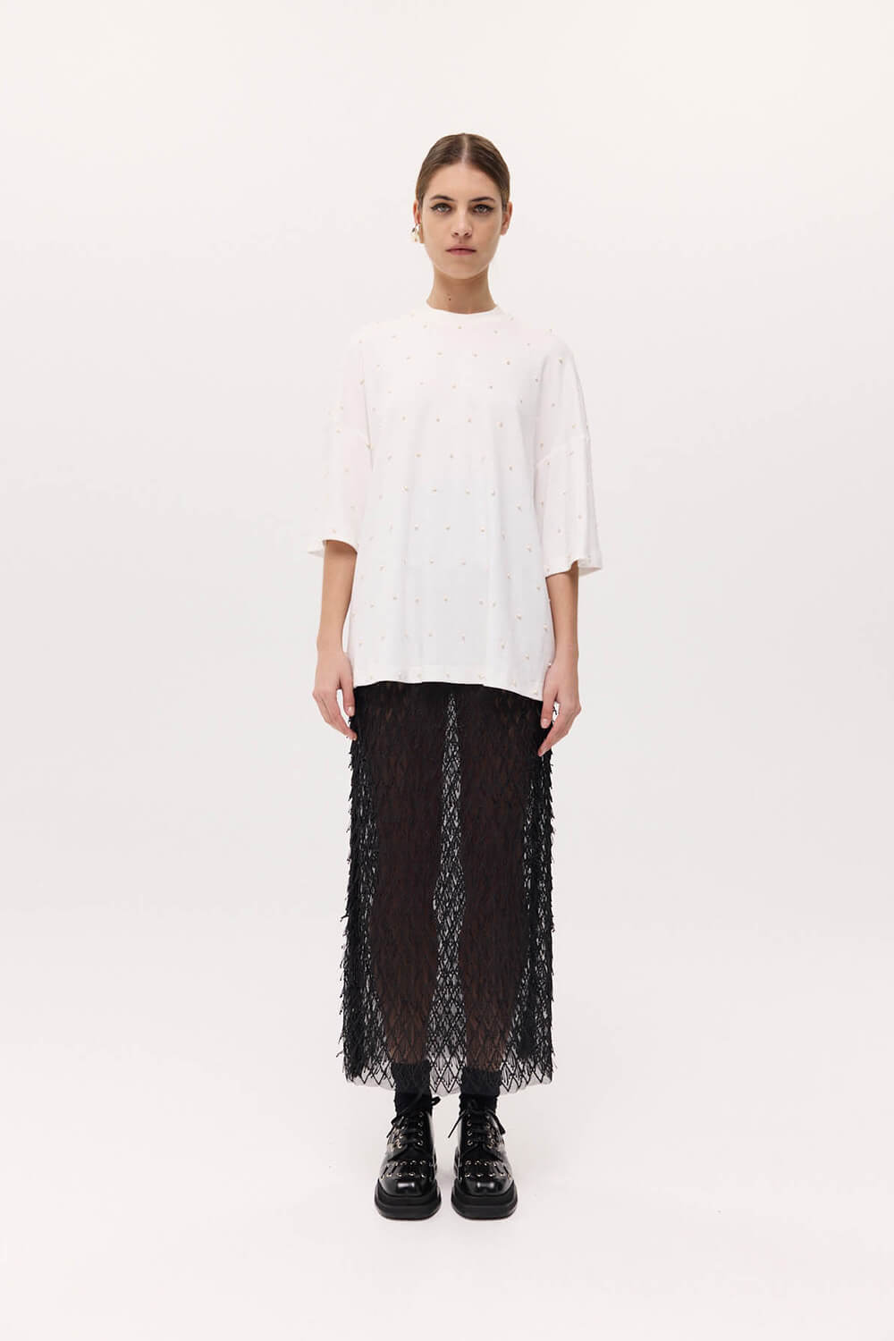 The Beaded Gibson Tee in Pearl by Harris Tapper is available at The New Trend