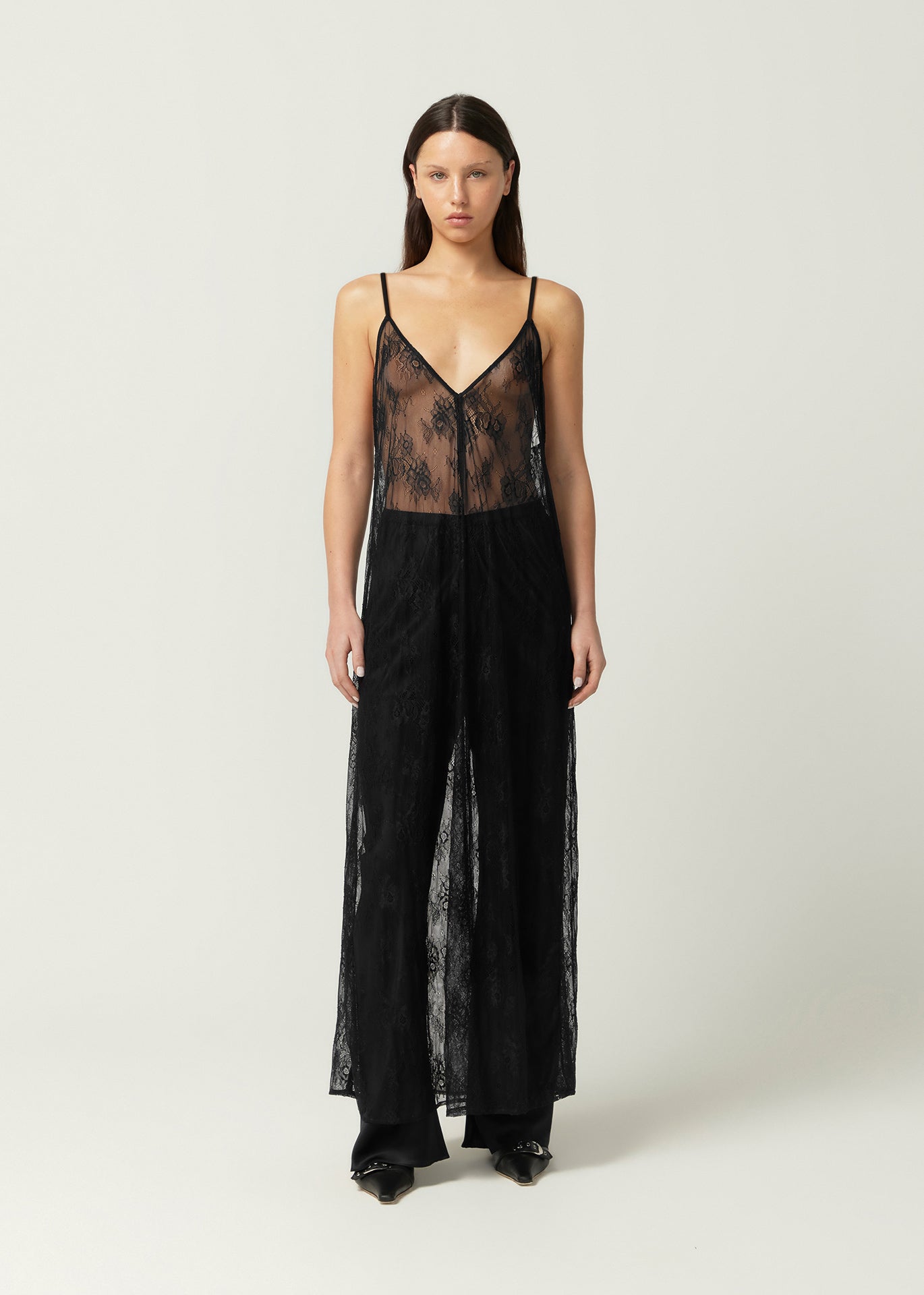 MAISON ESSENTIELE Lace Longline Cami in Lace Black | The New Trend