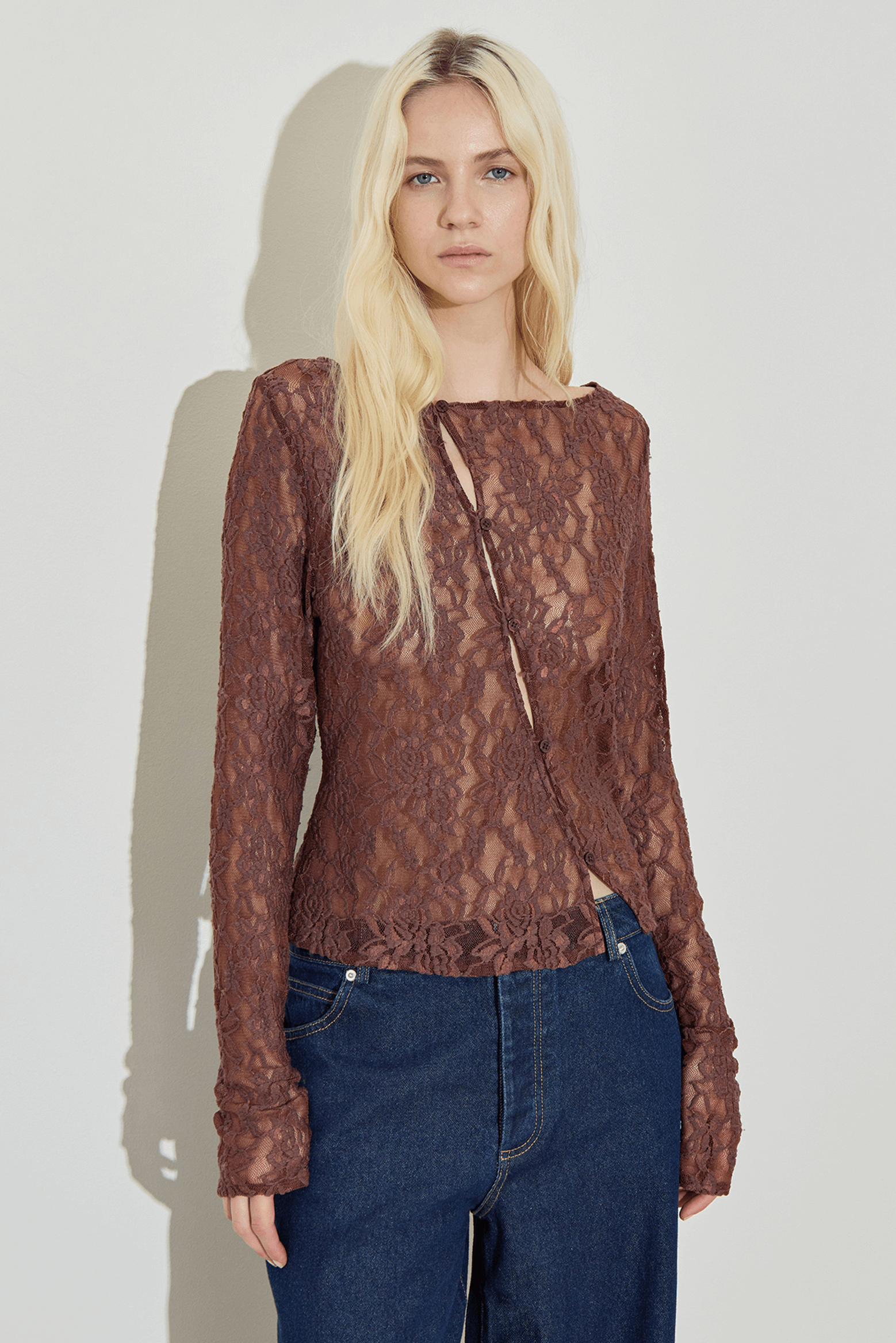 MAISON ESSENTIELE ASYMMETRIC LACE TOP IN BROWN | THE NEW TREND