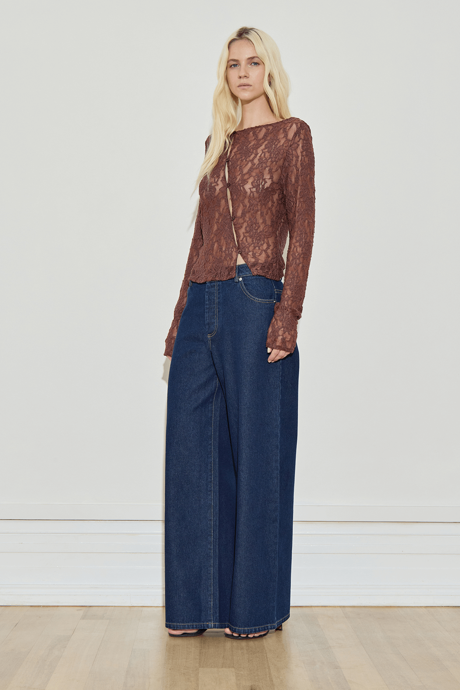 MAISON ESSENTIELE ASYMMETRIC LACE TOP IN BROWN | THE NEW TREND