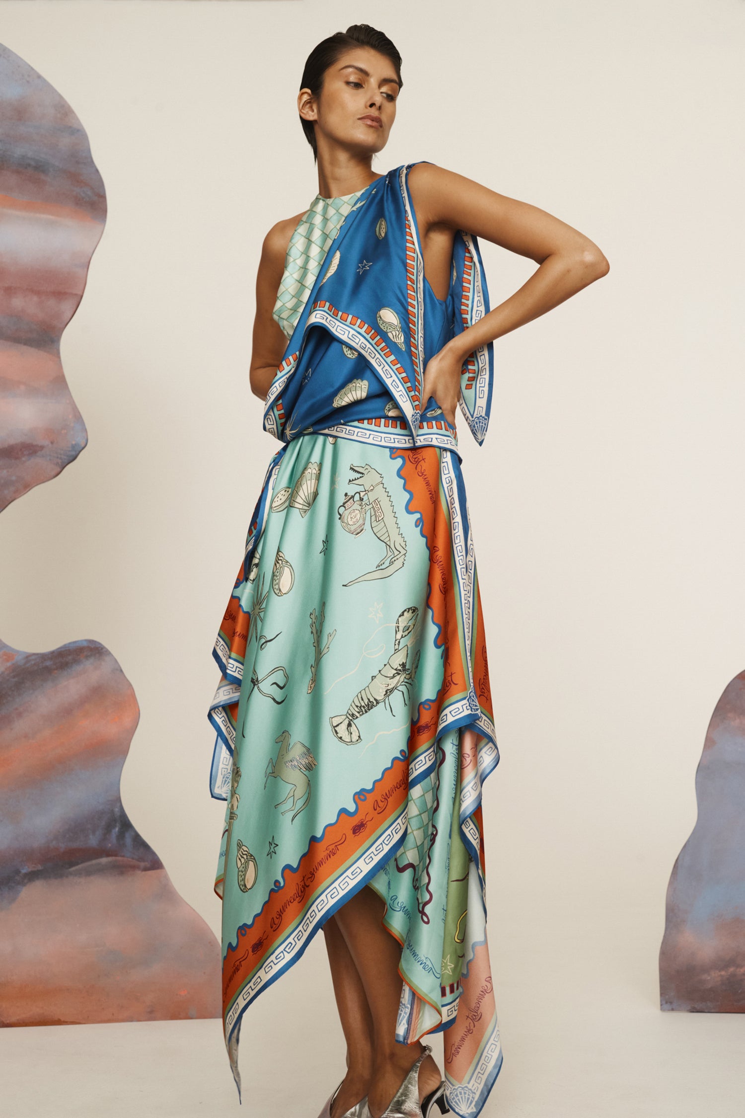 ALÉMAIS SURREALIST SUMMER SCARF MIDI DRESS FROM THE NEW TREND