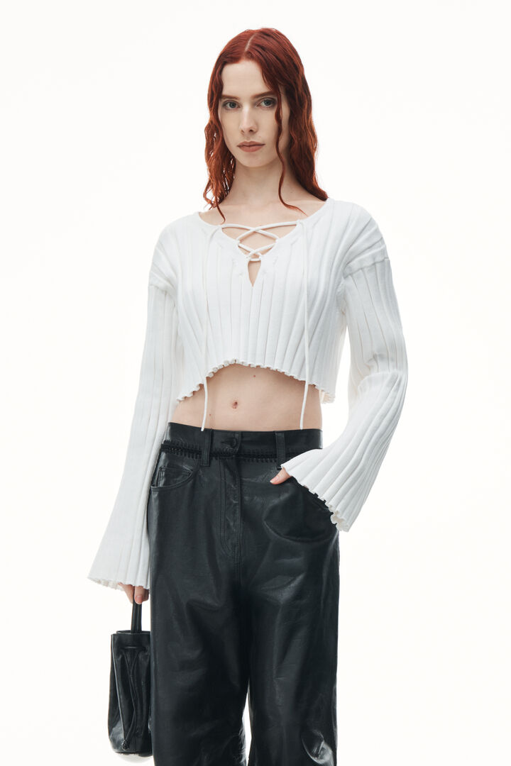 DROP SHOULDER CROPPED LS PULLOVER W/ LACING DETAIL