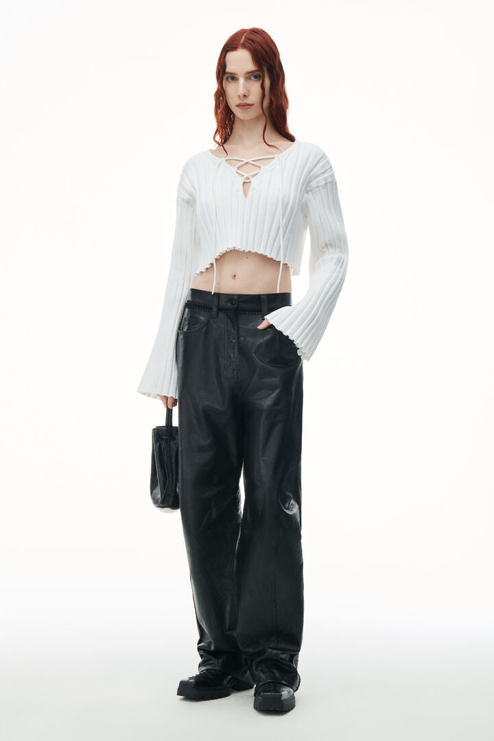 DROP SHOULDER CROPPED LS PULLOVER W/ LACING DETAIL