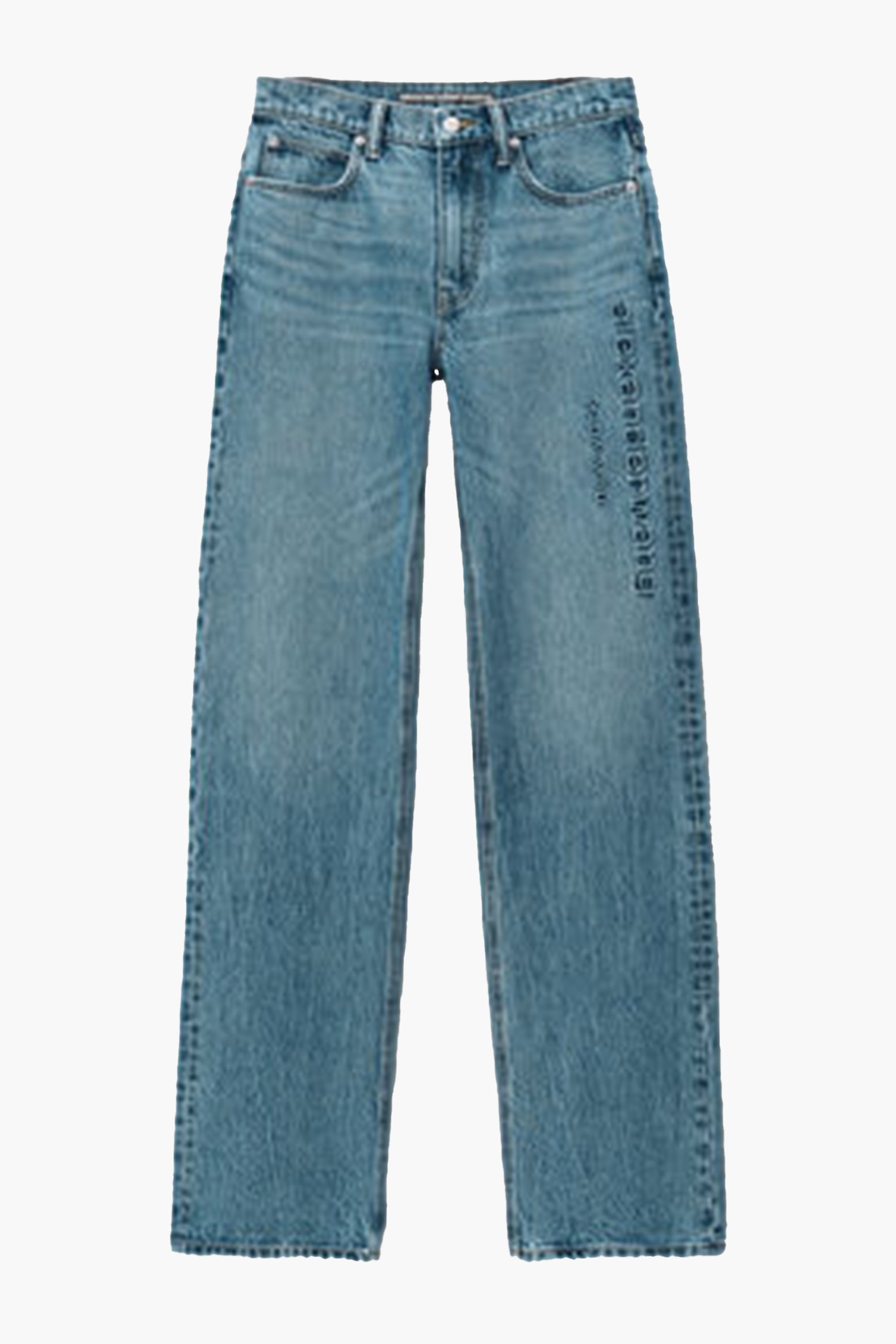 The Alexander Wang EZ Mid Rise Relaxed Straight Logo Emboss Jean in Vintage Light Indigo available at The New Trend. 