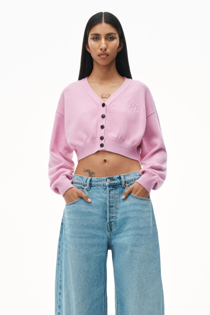 The Alexander Wang LS V-Neck Cardigan with Embossed Logo in Light Pink available at The New Trend.