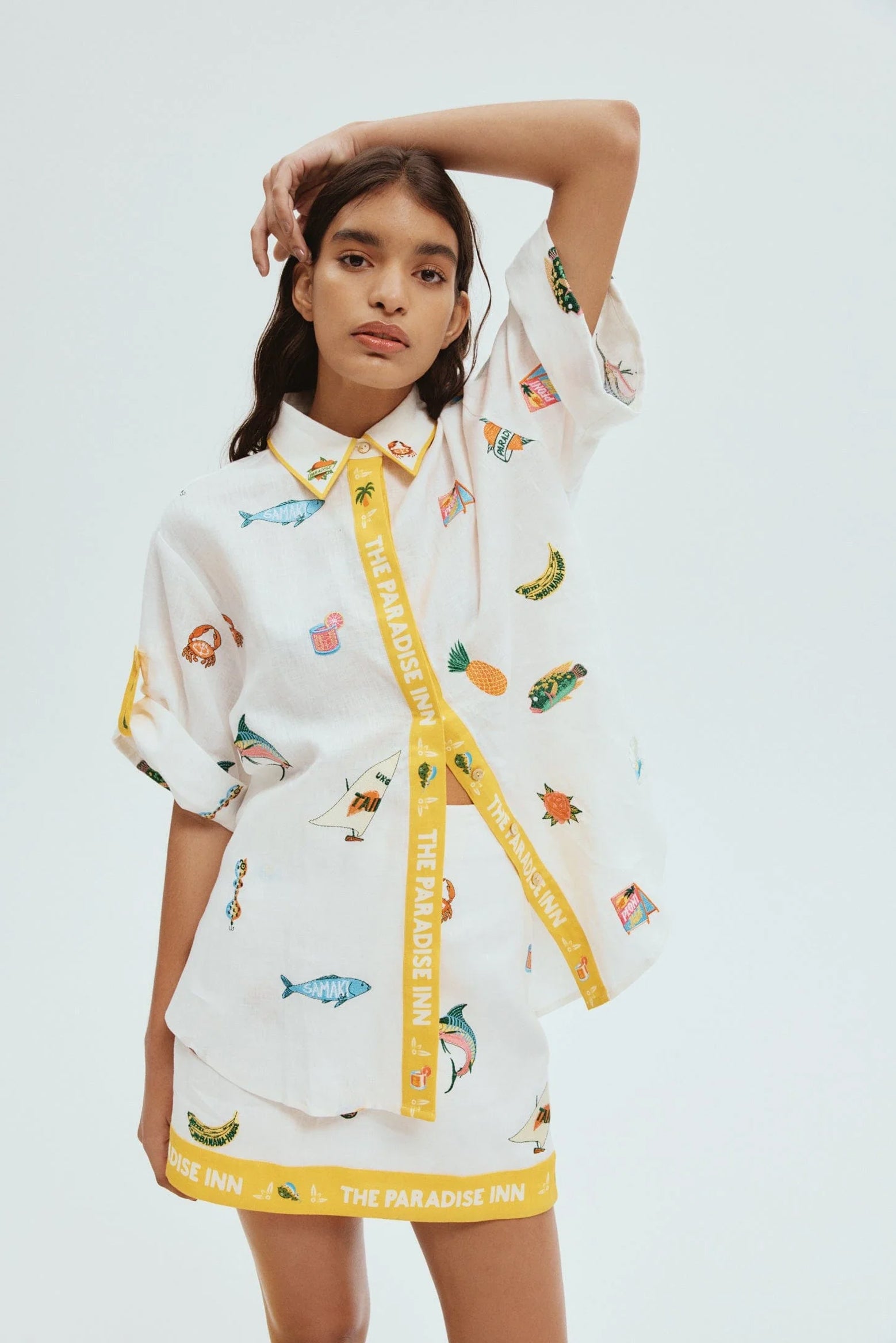Alemais Blue Marlin Embroidered Shirt in Cream available at The New Trend