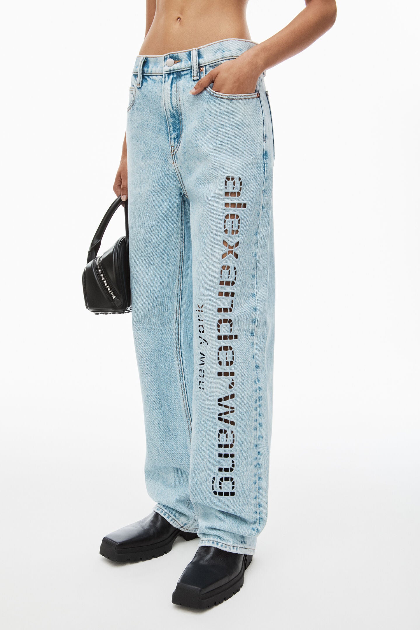 The Alexander Wang EZ Slouch Logo Cut Out Embroidery Jean in Bleach available at The New Trend Australia