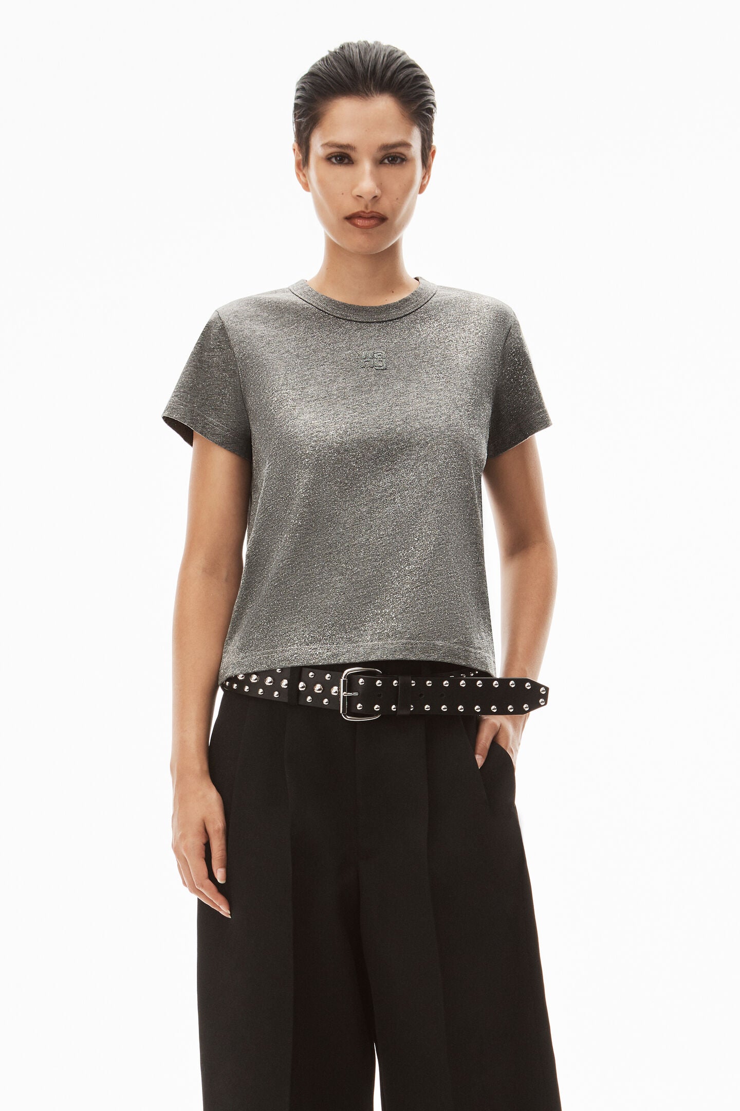 Alexander Wang Glitter Essential Jersey Shrunk Tee With Puff Logo in Sidewalk available at TNT The New Trend Australia.