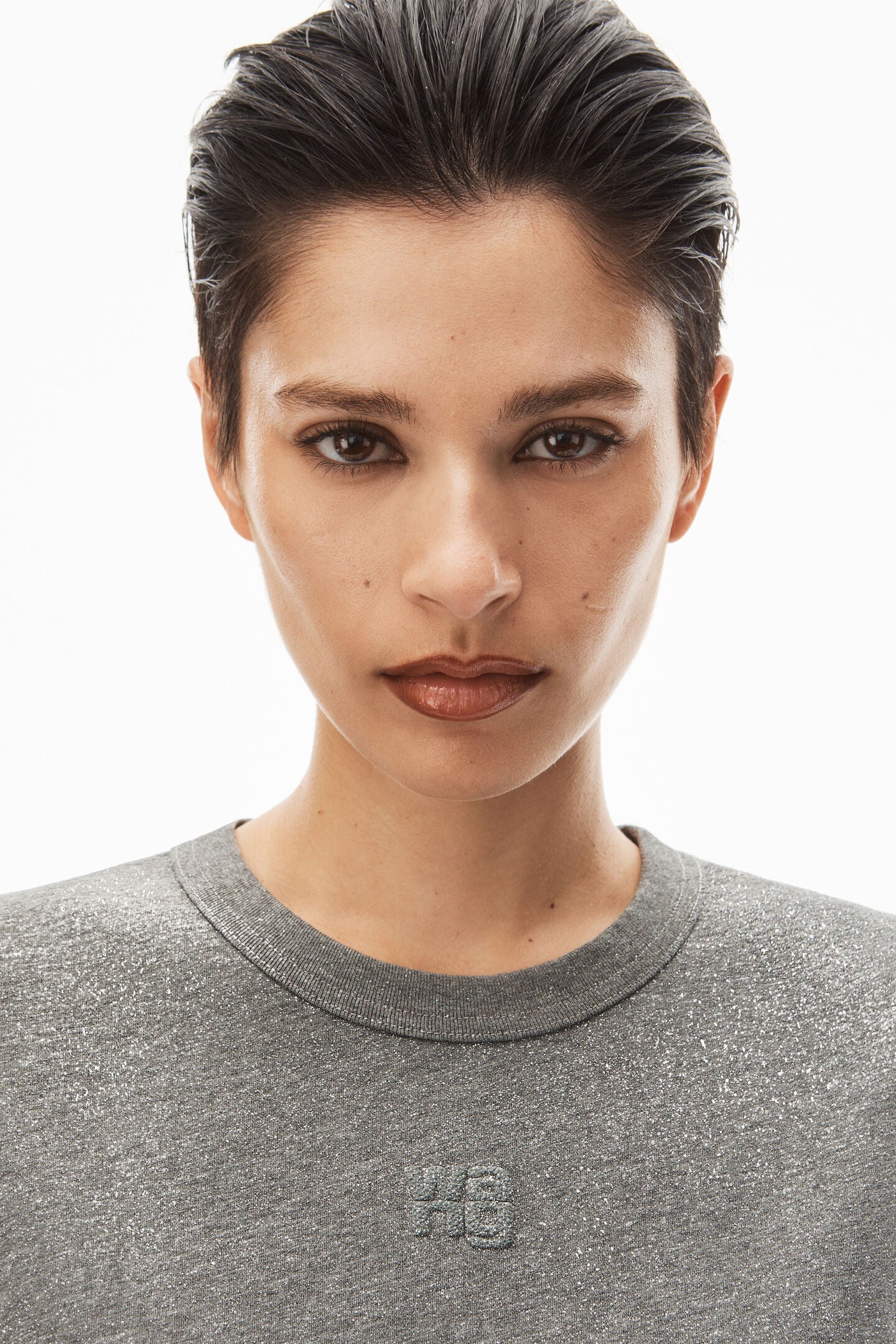 Alexander Wang Glitter Essential Jersey Shrunk Tee With Puff Logo in Sidewalk available at TNT The New Trend Australia.