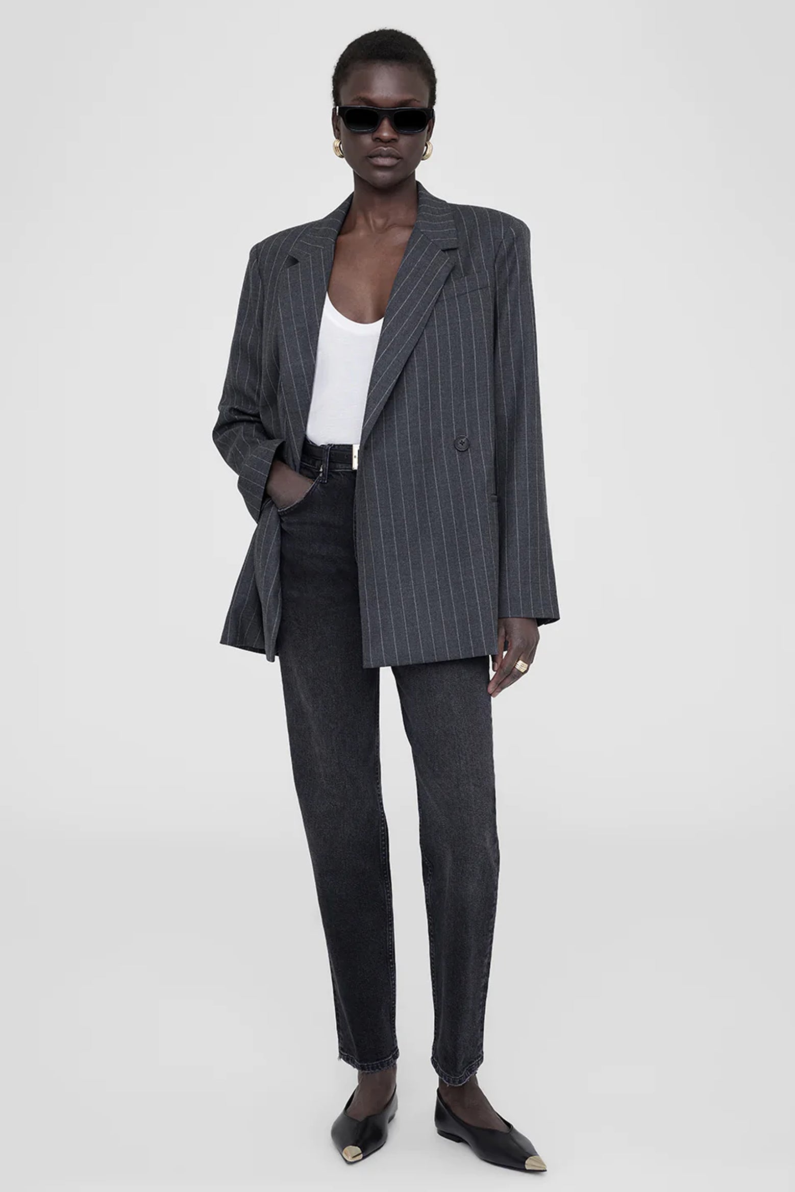 Anine Bing Kaia Blazer in Grey Pinstripe available at The New Trend Australia.