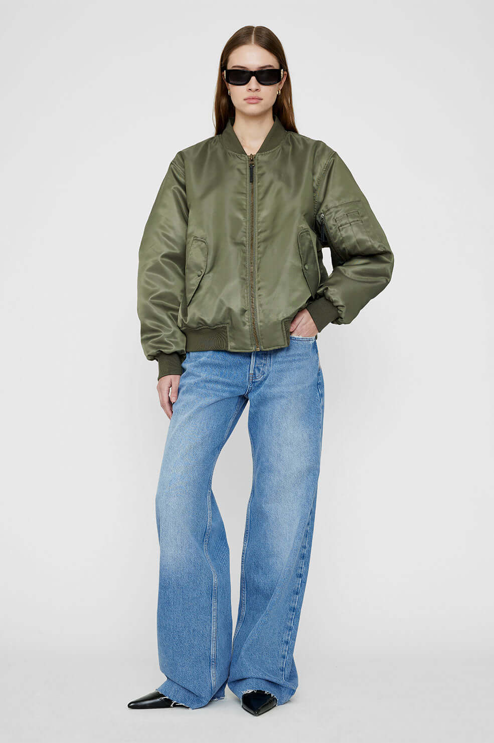 Anine Bing Leon Bomber in Army Green available at The New Trend