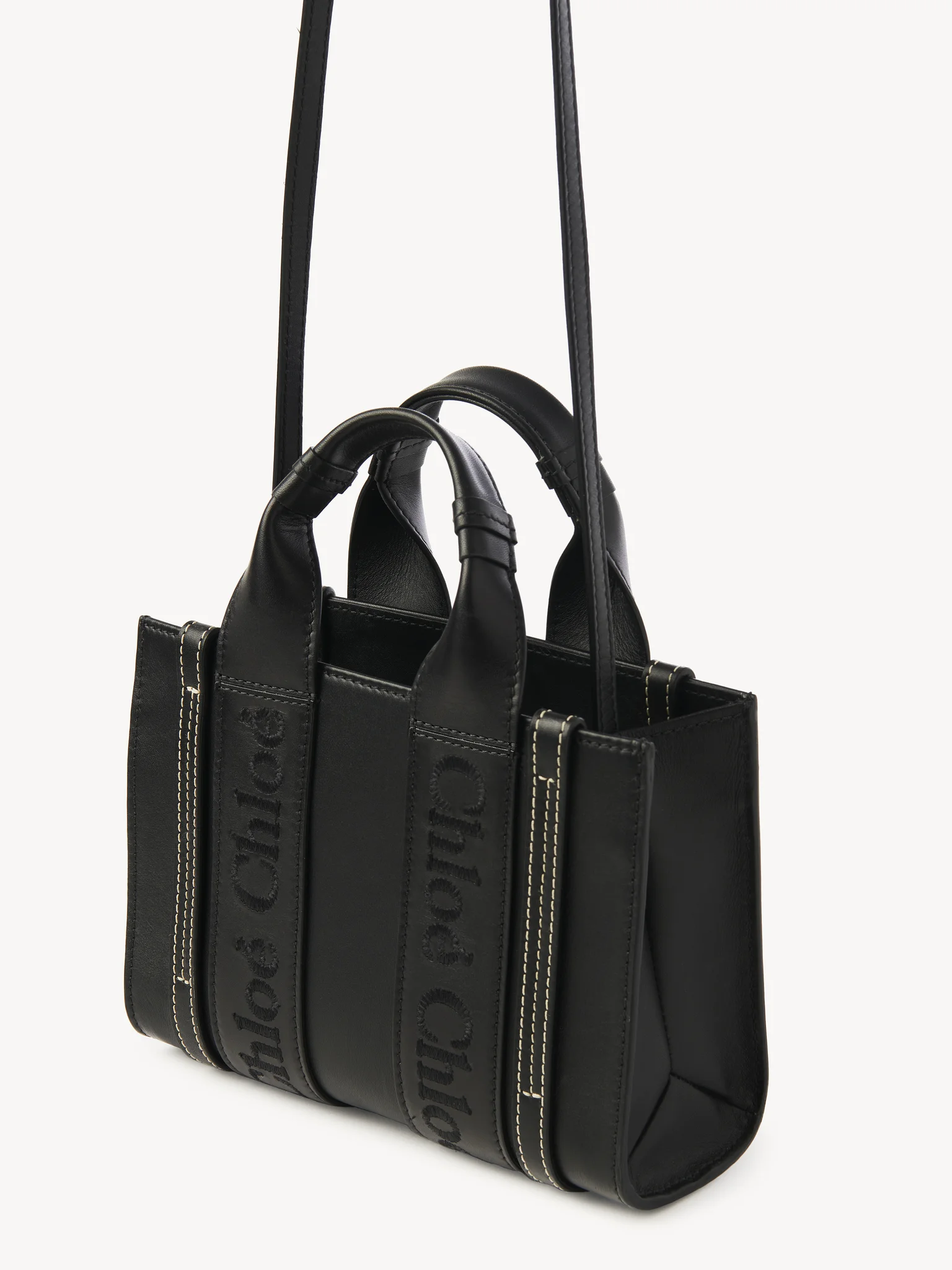 Chloe Woody Mini Leather Tote With Strap in Black available at TNT The New Trend Australia.
