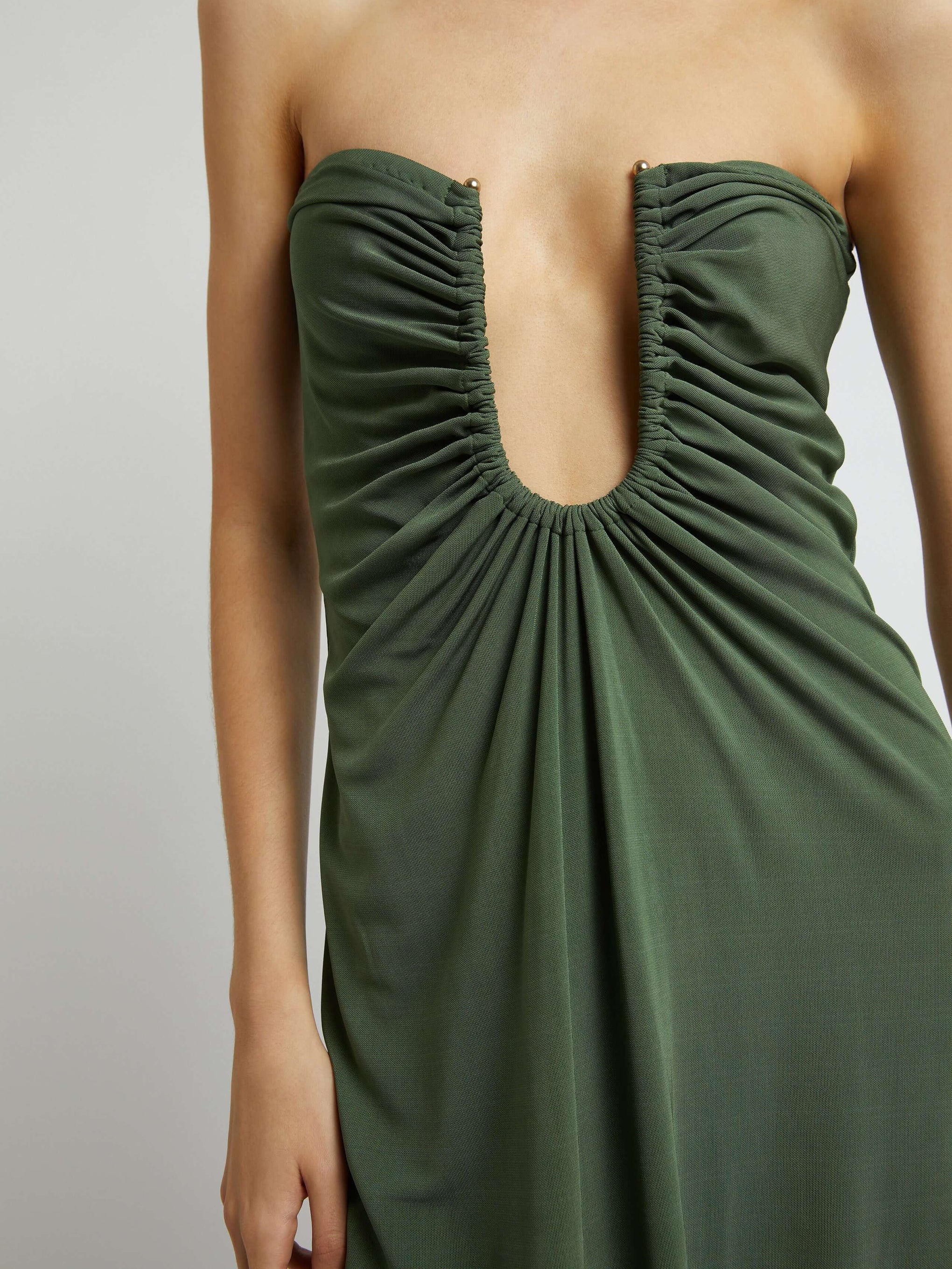 Christopher Esber Arced Palm Strapless Dress in Bottle Green available at TNT The New Trend Australia.