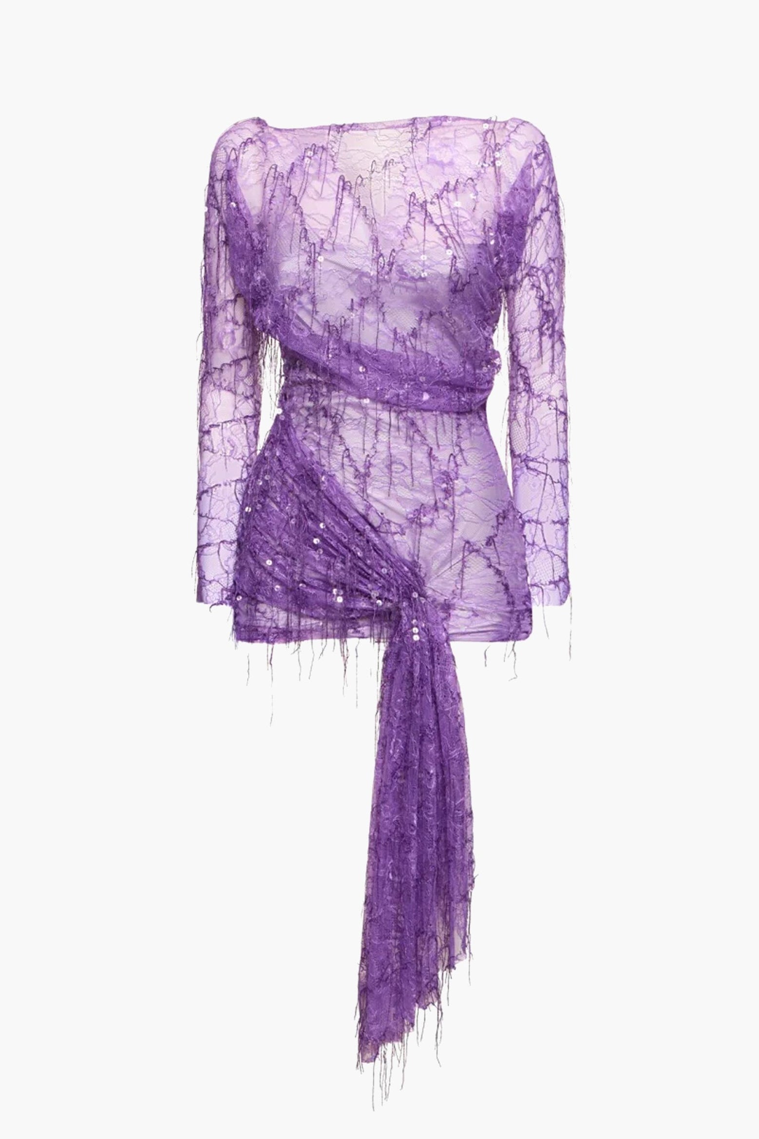 The Christoper Esber Encased Beaded Ivy Lace L/S Mini Dress in Grape available at The New Trend Australia