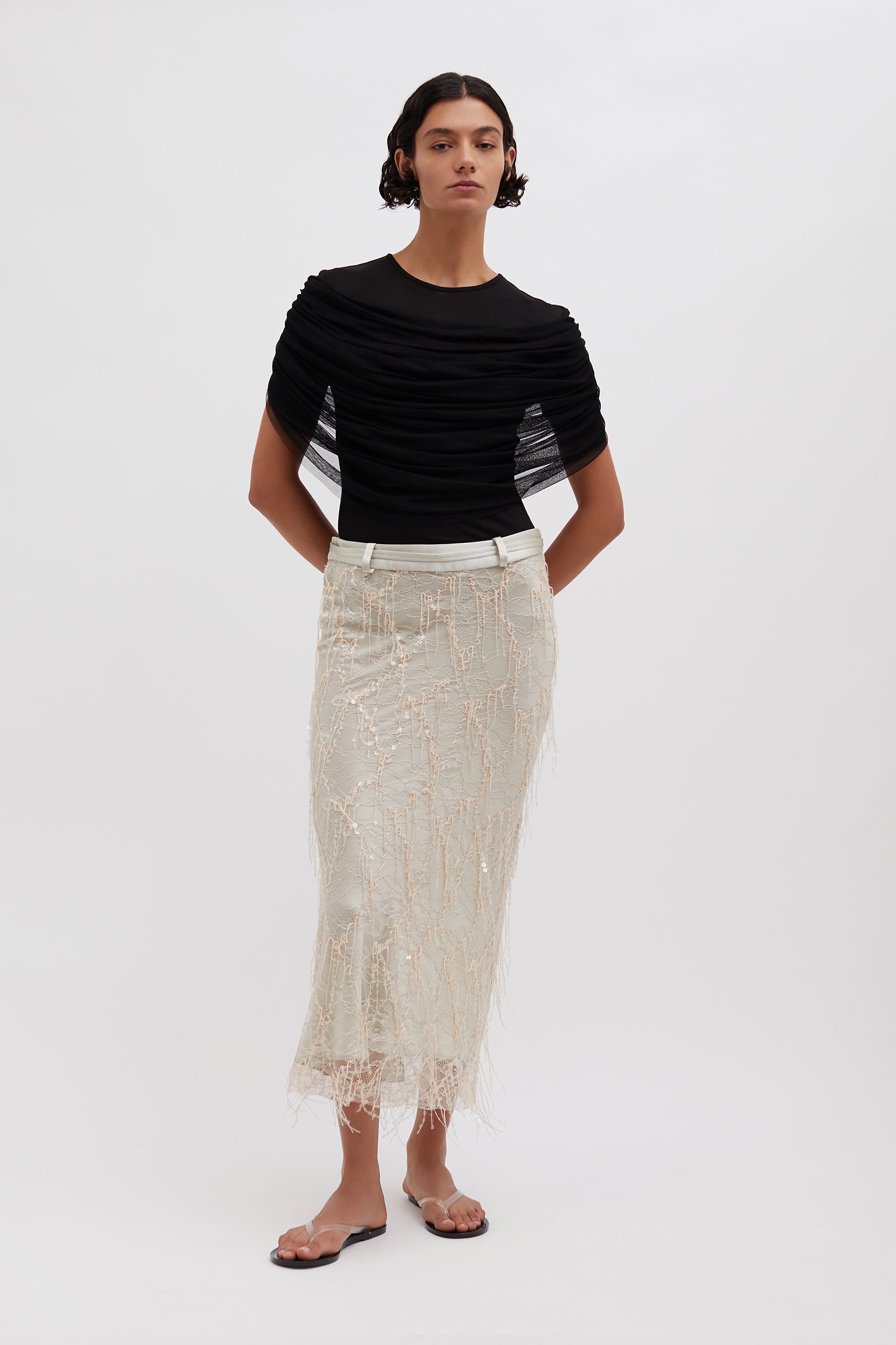 The Christopher Esber Beaded Ivy Lace Skirt in Balm available at The New Trend Australia