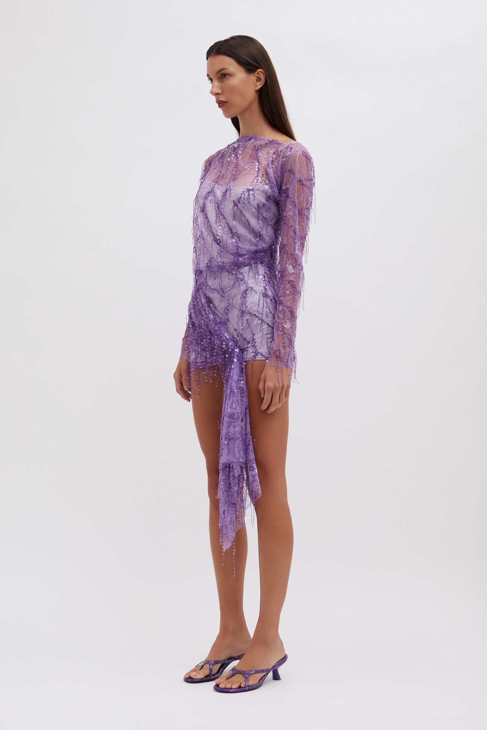 The Christoper Esber Encased Beaded Ivy Lace L/S Mini Dress in Grape available at The New Trend Australia