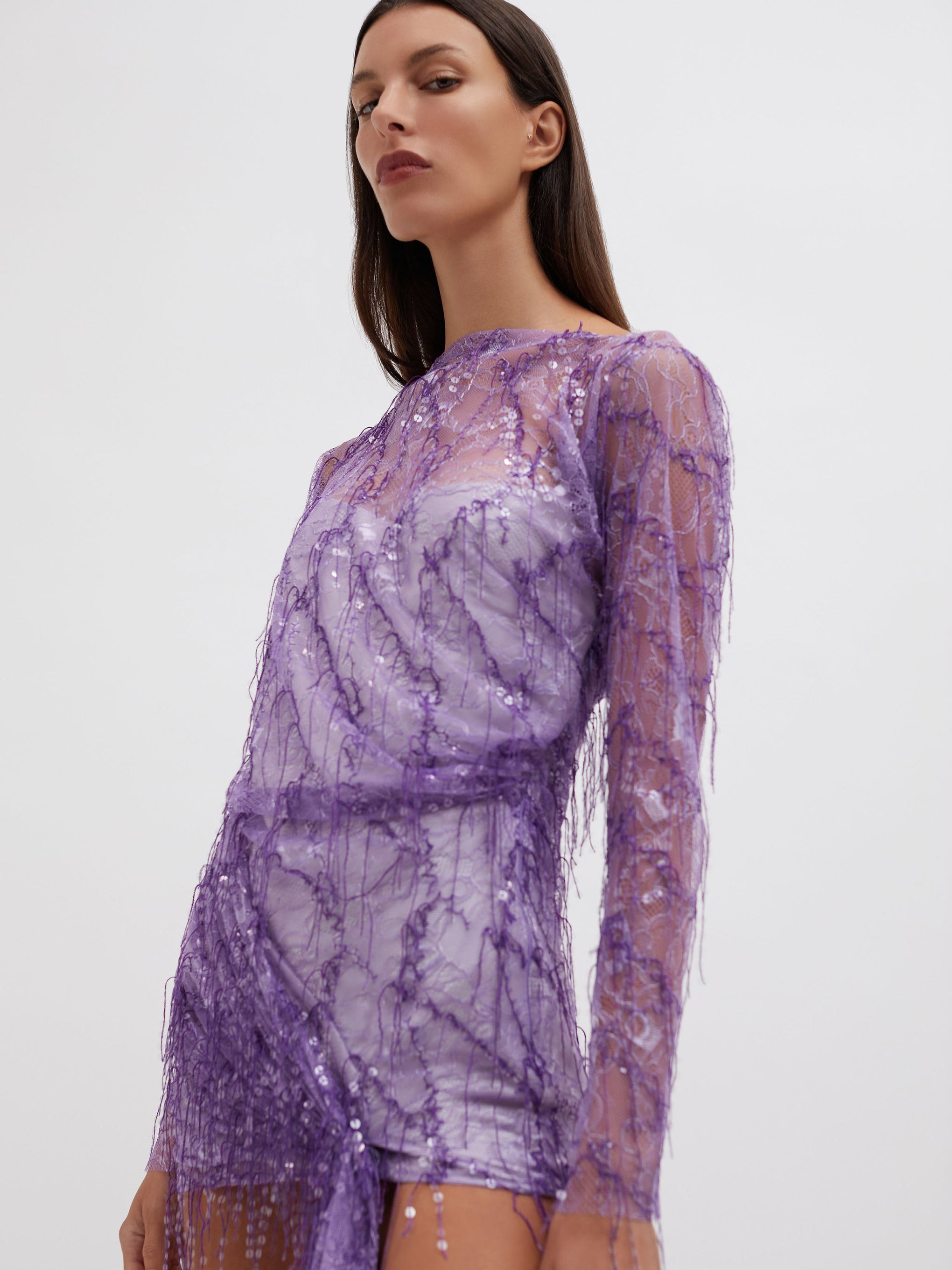 The Christoper Esber Encased Beaded Ivy Lace L/S Mini Dress in Grape available at The New Trend Australia