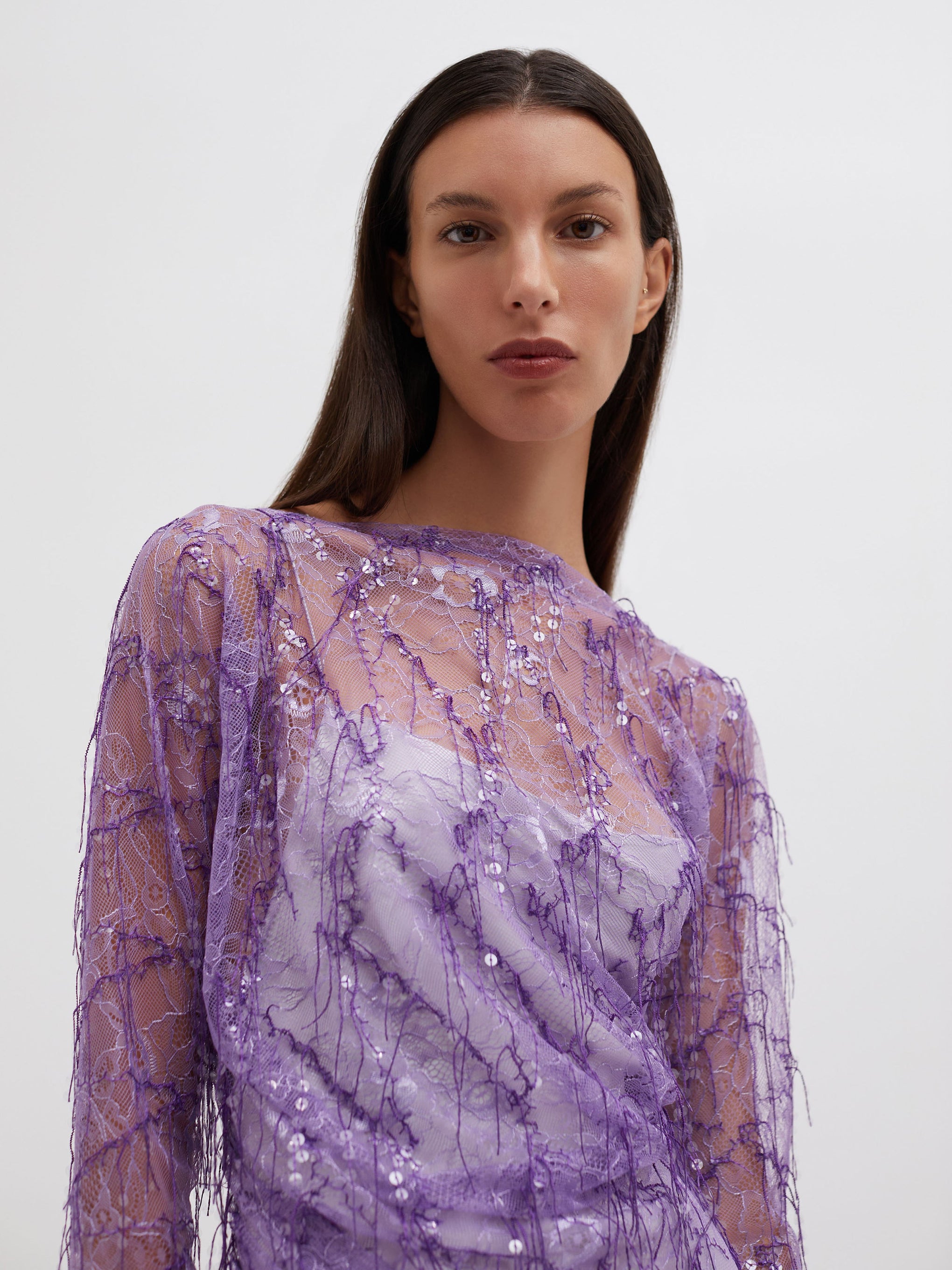 The Christoper Esber Encased Beaded Ivy Lace L/S Mini Dress in Grape available at The New Trend Australia