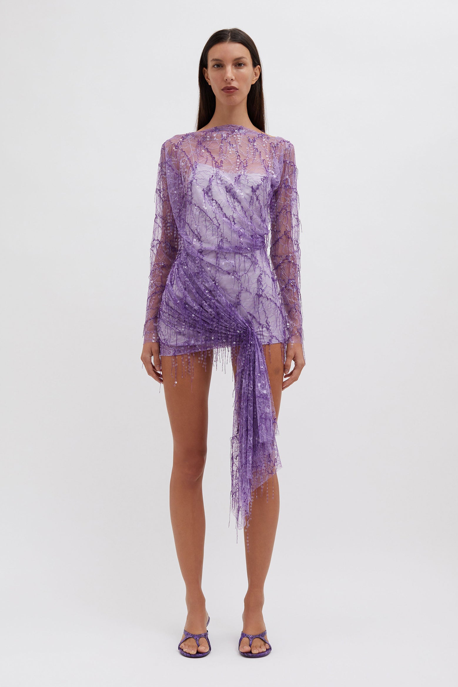 The Christoper Esber Encased Beaded Ivy Lace L/S Mini Dress in Grape available at The New Trend Australia