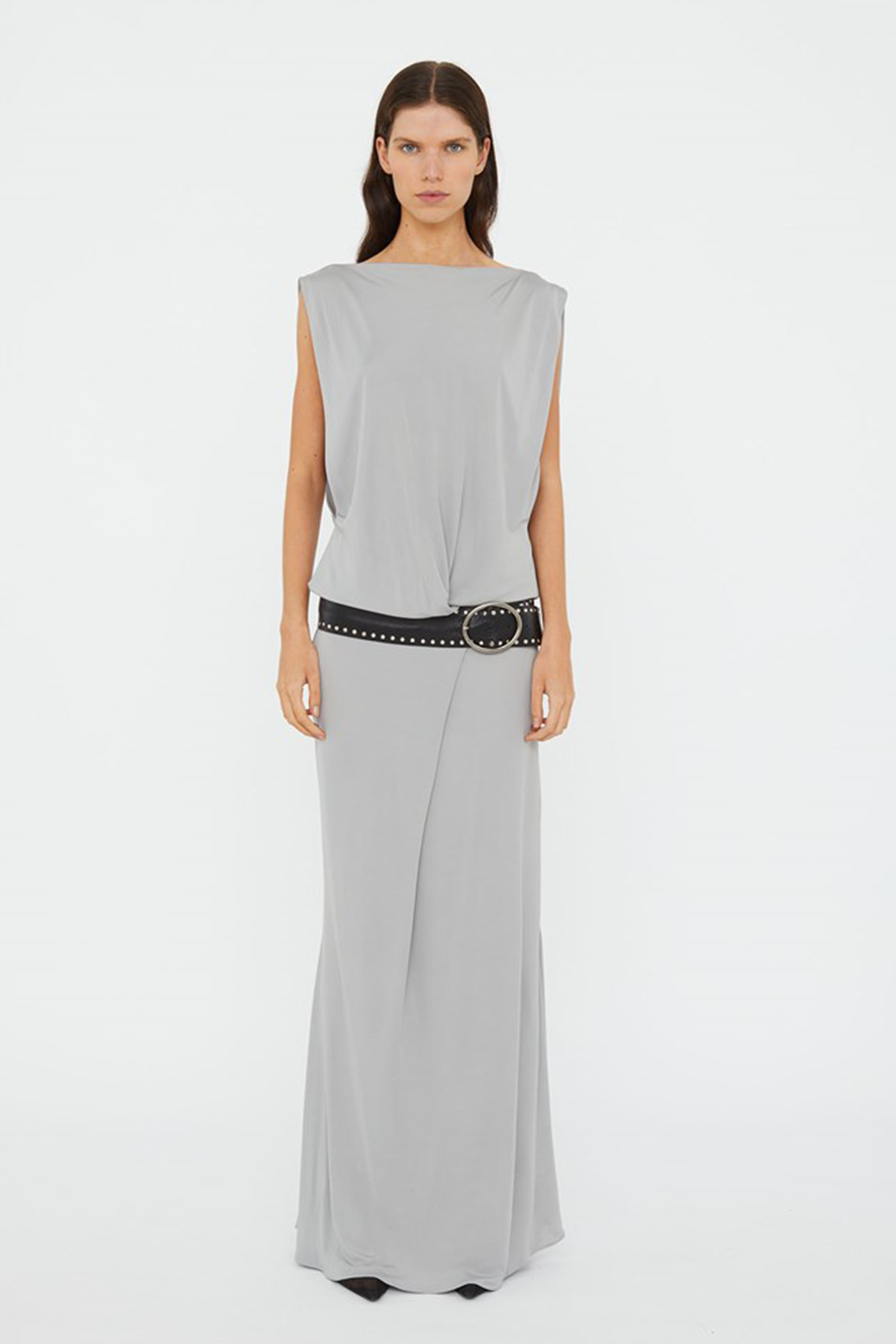 LEATHER BELTED DROP JERSEY DRESS