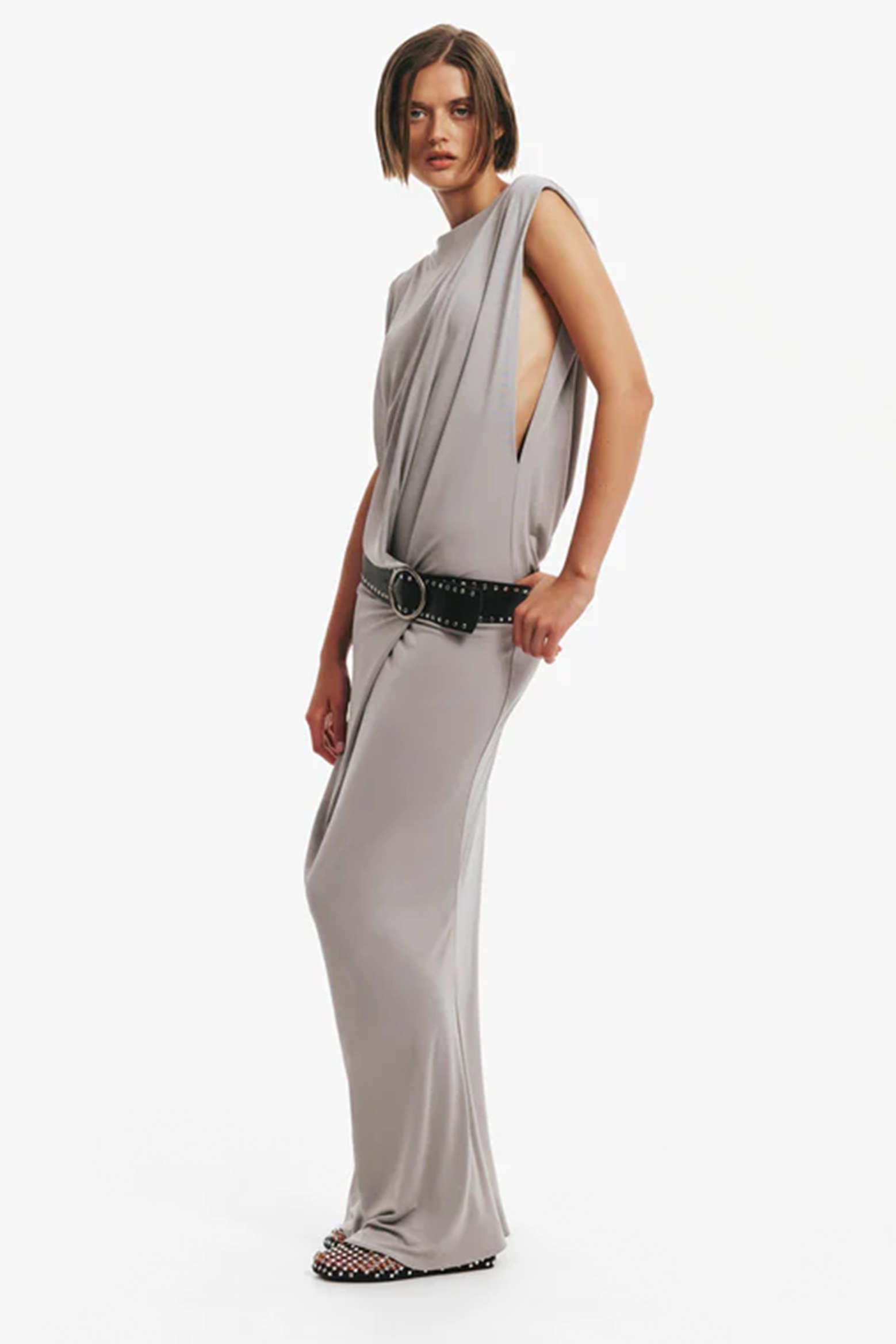 LEATHER BELTED DROP JERSEY DRESS