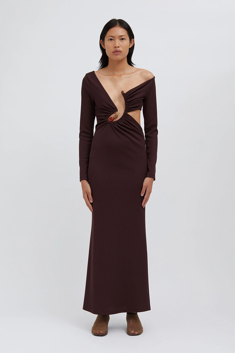 The Christopher Esber Spiral Crystal Dress in mahogany is available at The New Trend