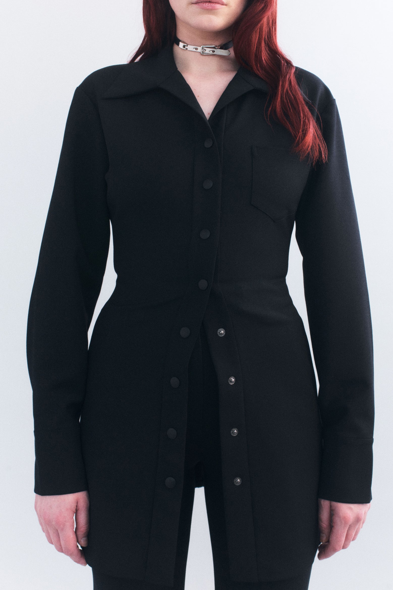 The Courtney Zheng Beatrix Stretch Wool Longline Shirt in Black available at The New Trend Australia