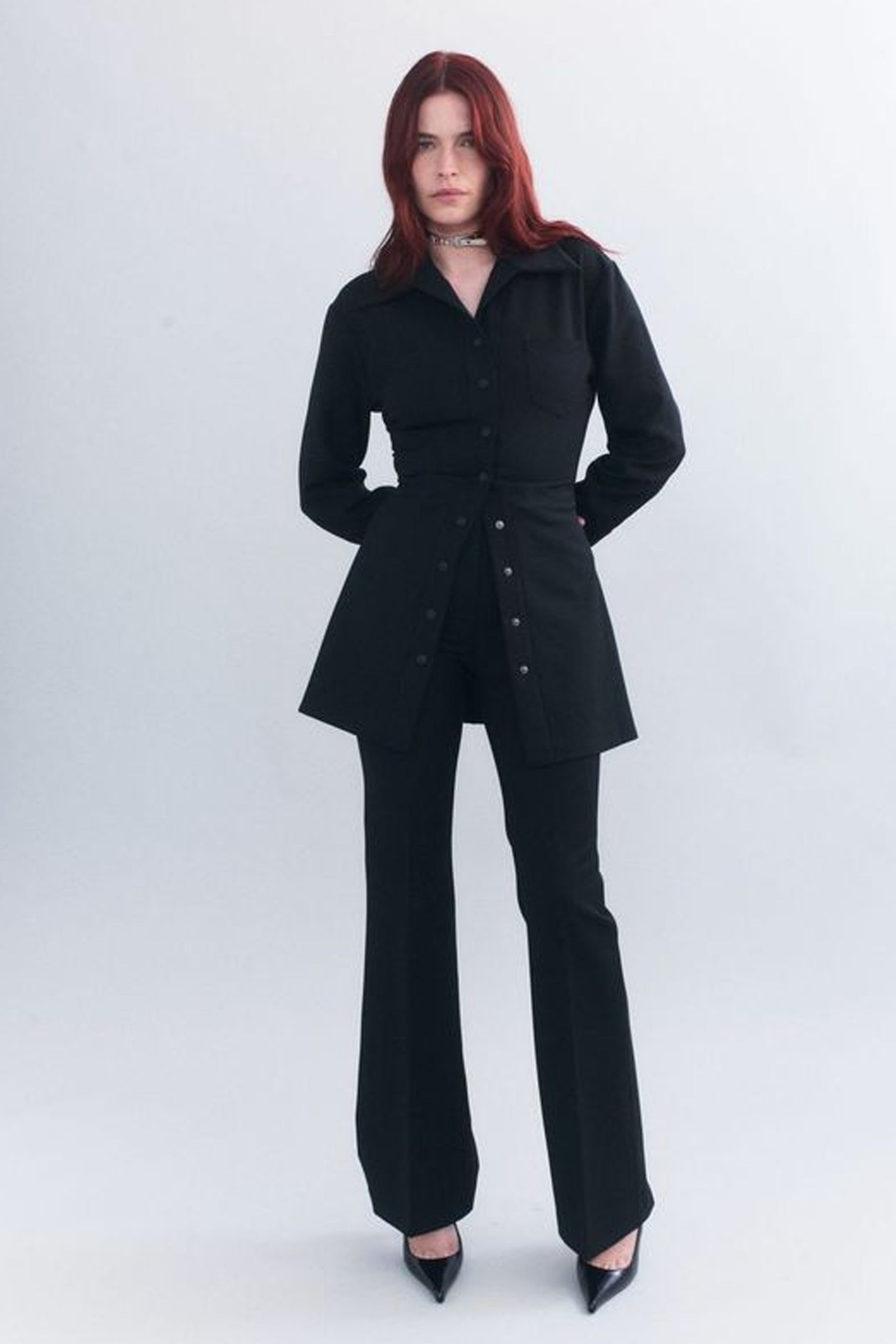 The Courtney Zheng Beatrix Stretch Wool Longline Shirt in Black available at The New Trend Australia