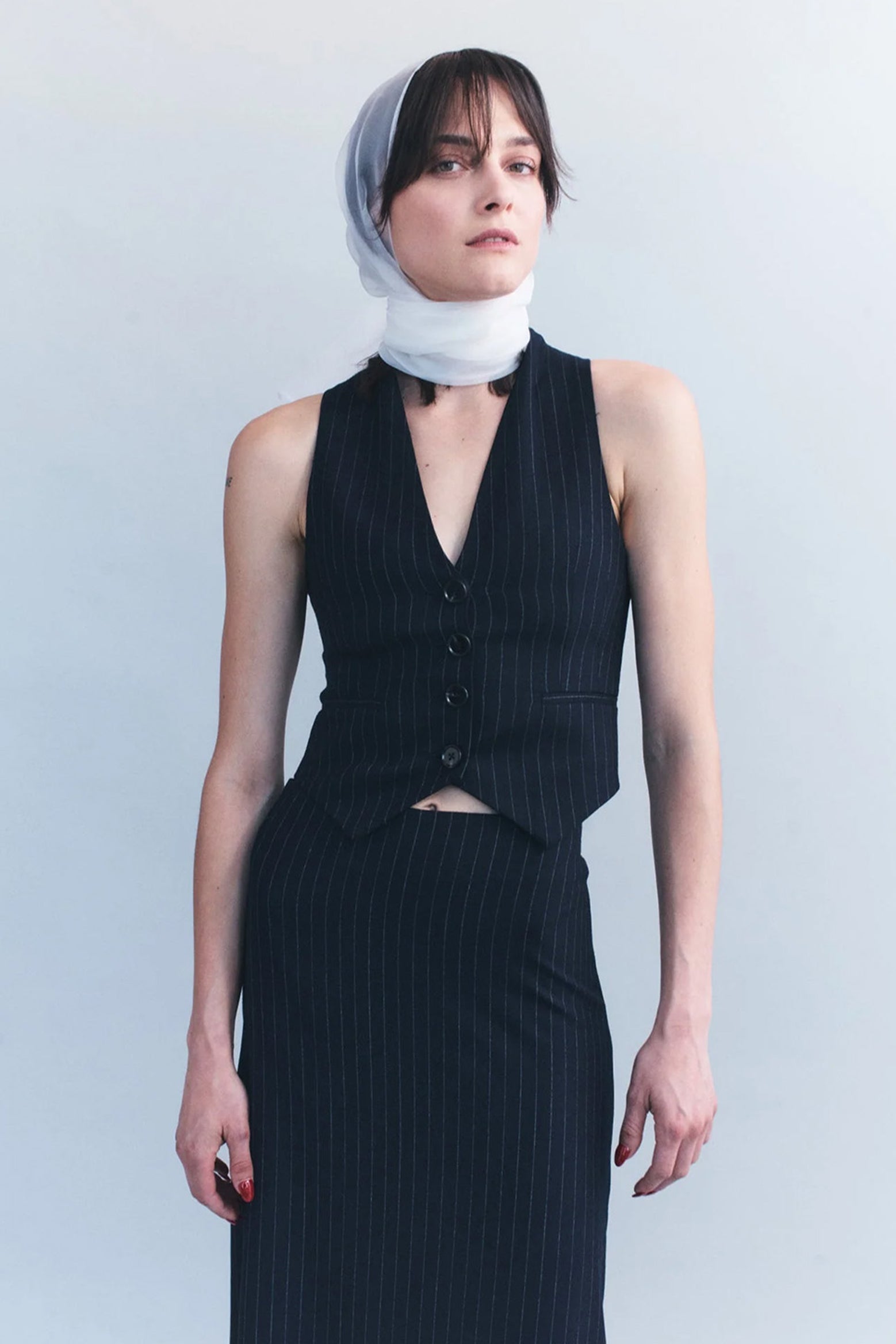 The Courtney Zheng Mila Wool Tailored Vest in Navy Pinstripe available at The New Trend Australia