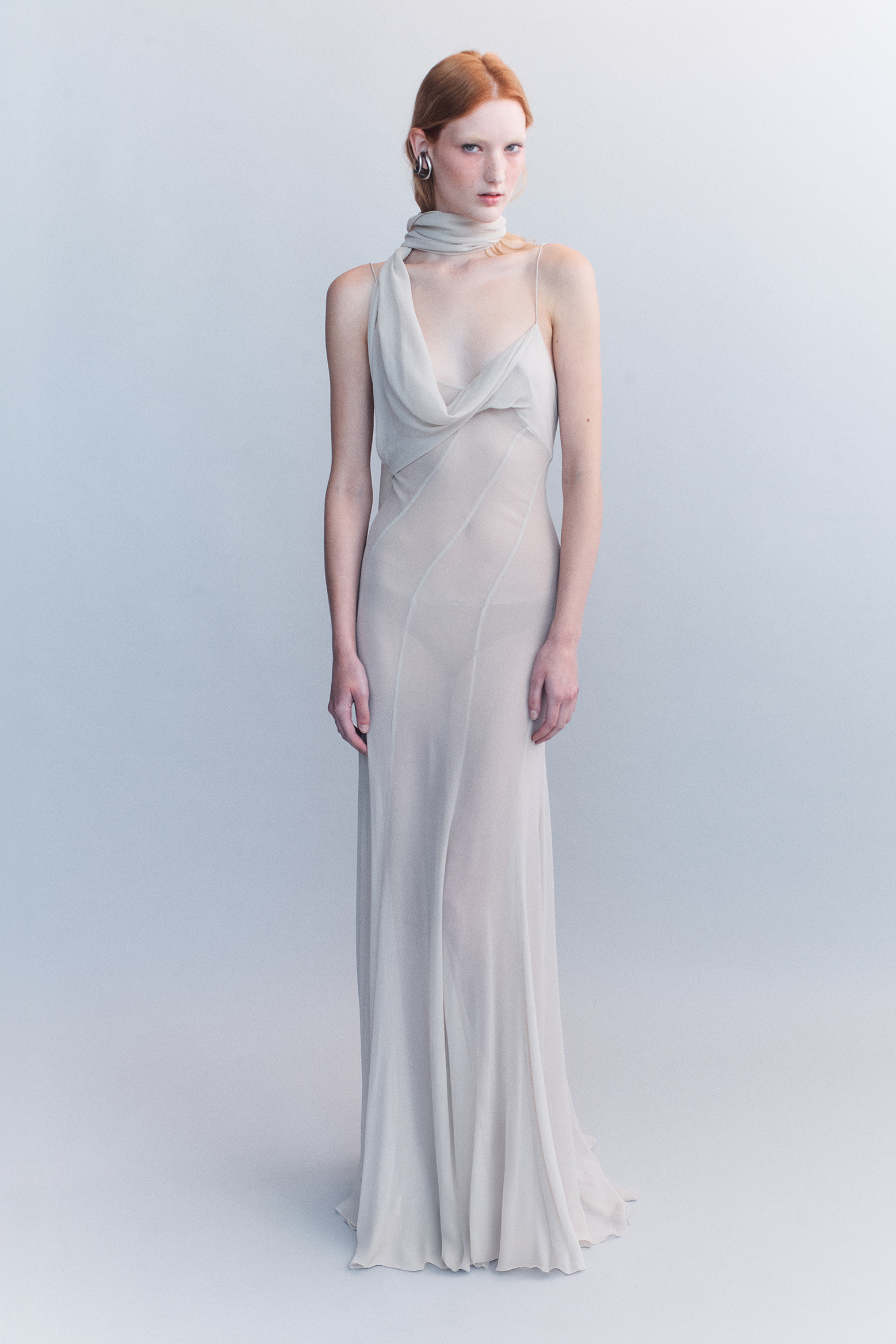 COURTNEY ZHENG SCARF PANELLED SILK GOWN IN SAND | THE NEW TREND