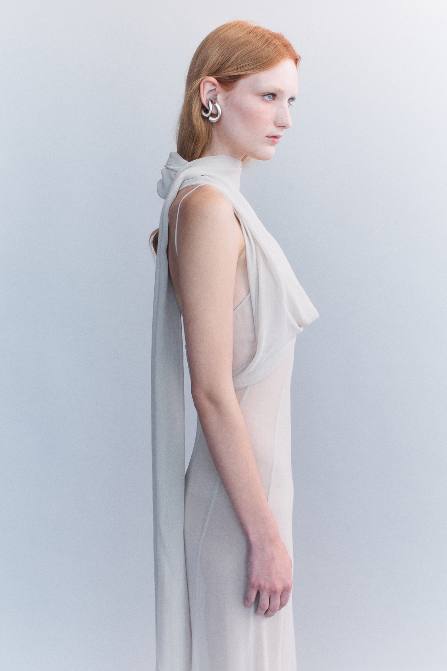 COURTNEY ZHENG SCARF PANELLED SILK GOWN IN SAND | THE NEW TREND
