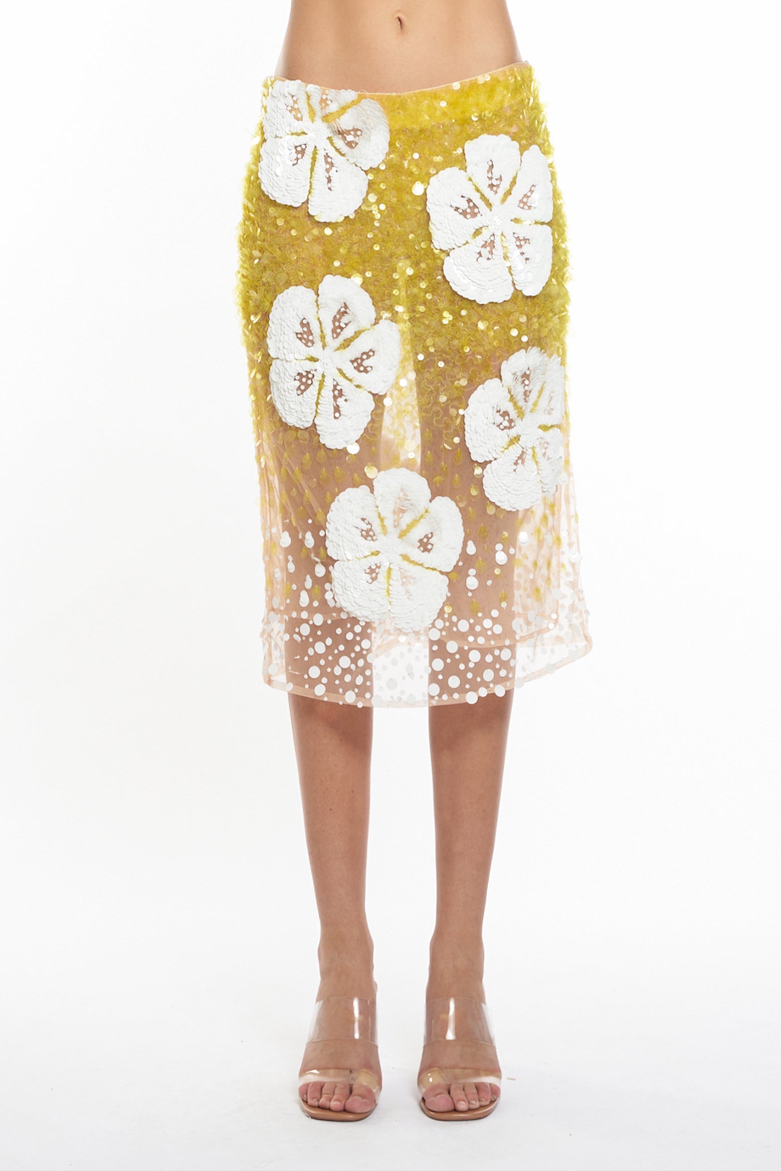 Des Phemmes Hibiscus Embroidery Skirt in Lime available at The New Trend Australia.