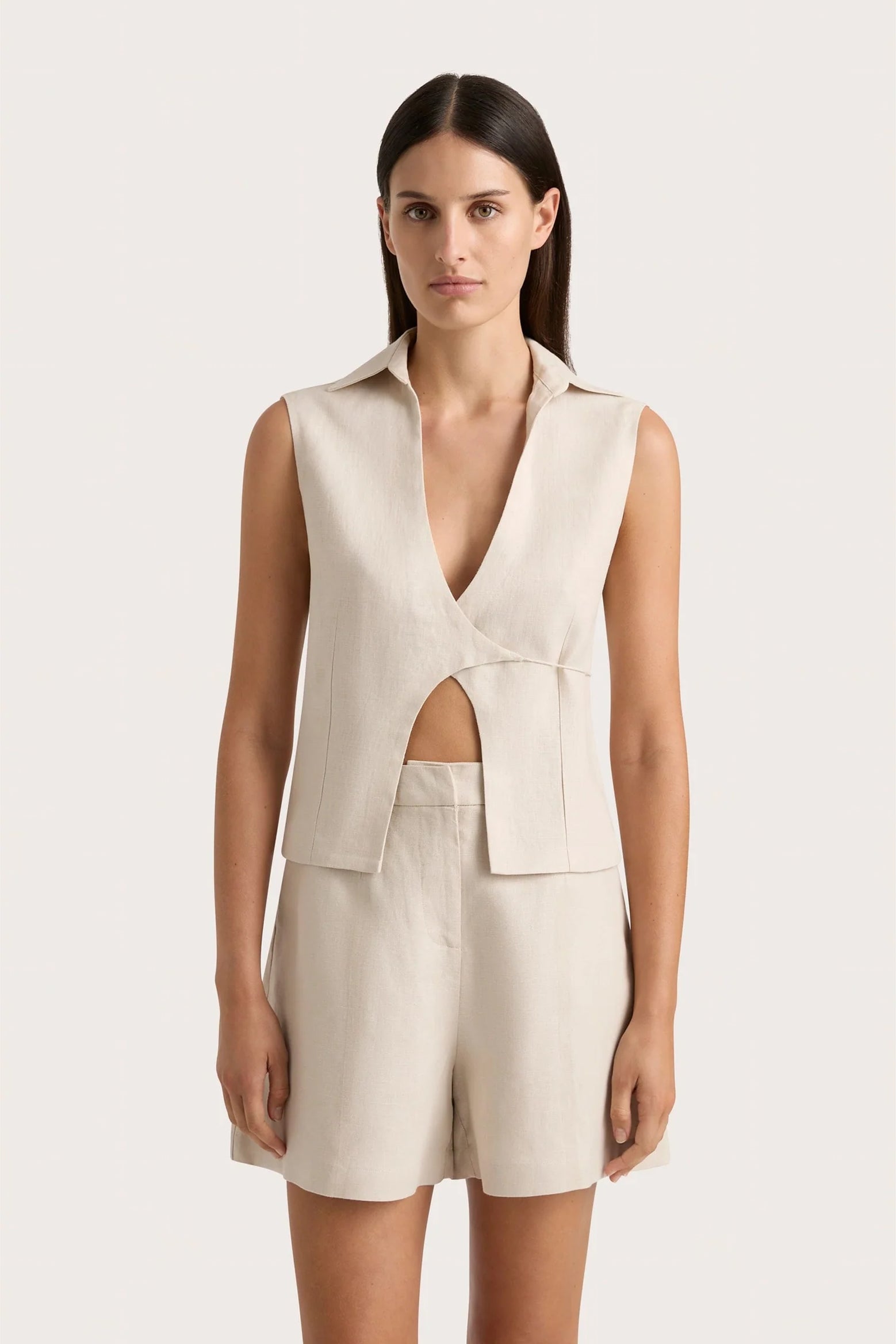 The Antibes Sleeveless Wrap Shirt in Sand available at The New Trend Australia