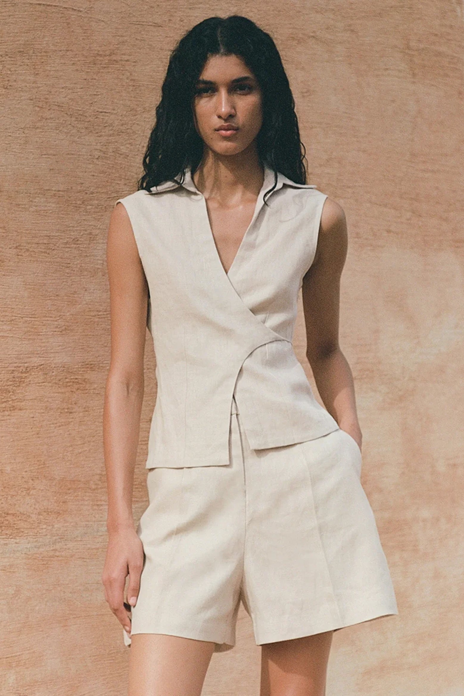 The Antibes Sleeveless Wrap Shirt in Sand available at The New Trend Australia