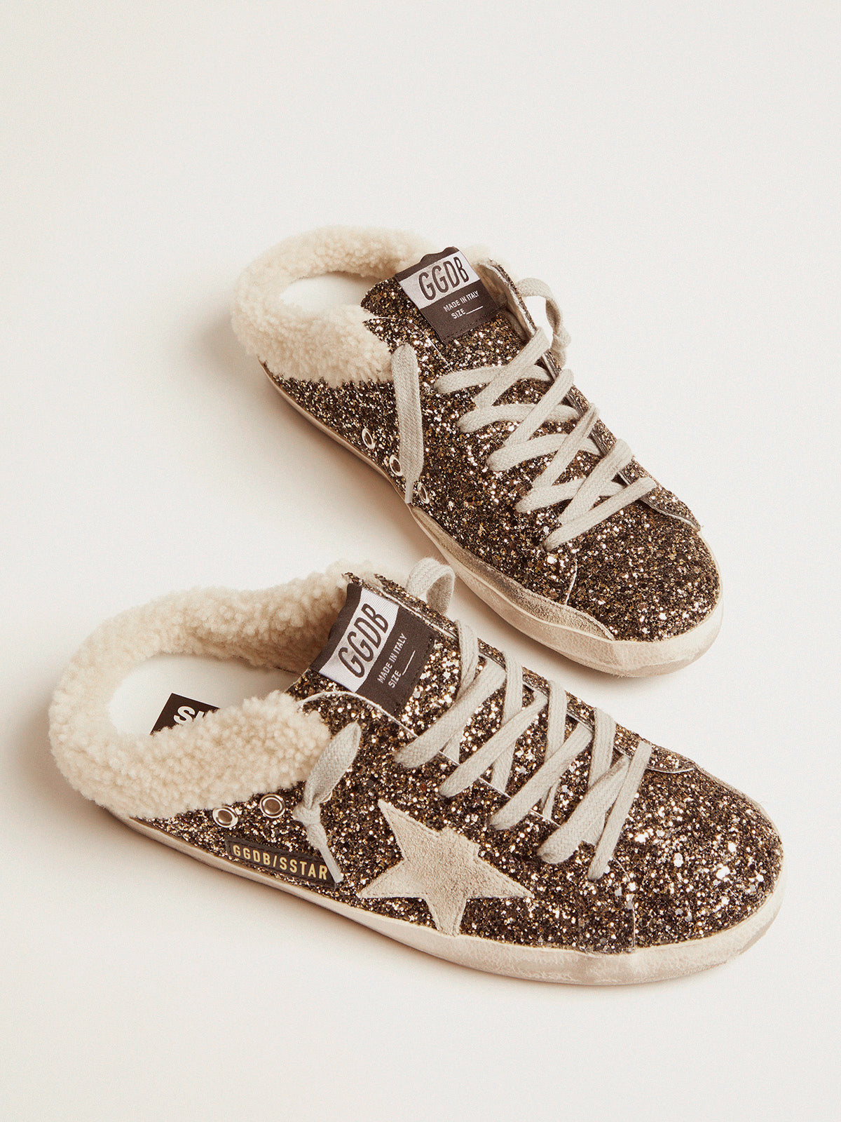 Golden Goose Superstar Sabot Glitter Sneakers in Black Gold, Beige and Ice available at The New Trend