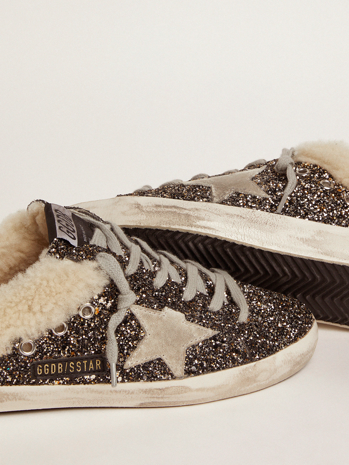 Golden Goose Superstar Sabot Glitter Sneakers in Black Gold, Beige and Ice available at The New Trend