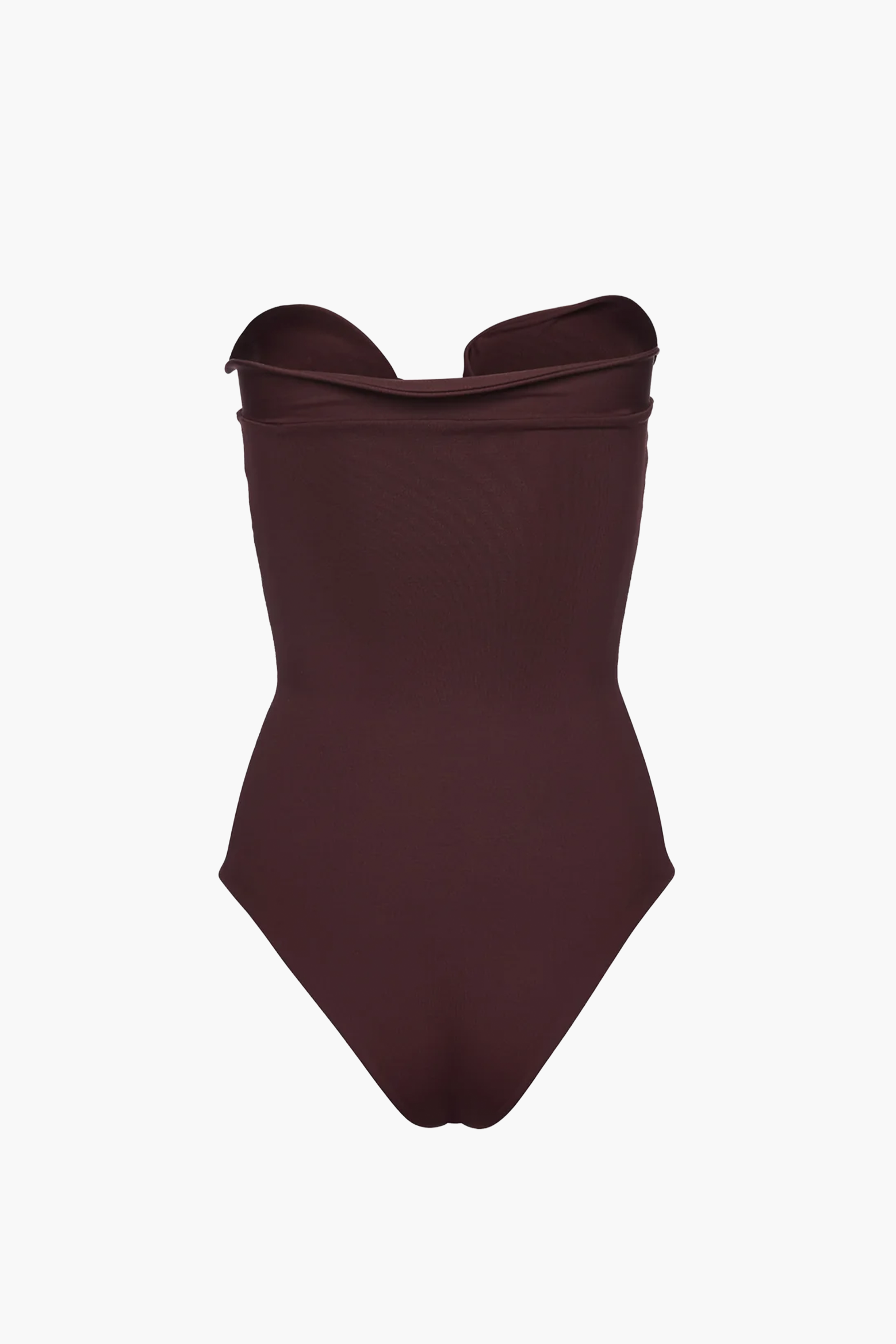 MAGDA BUTRYM FLOWER APPLIQUE STRAPLESS DRAPED SWIMSUIT IN BORDEAUX | THE NEW TREND