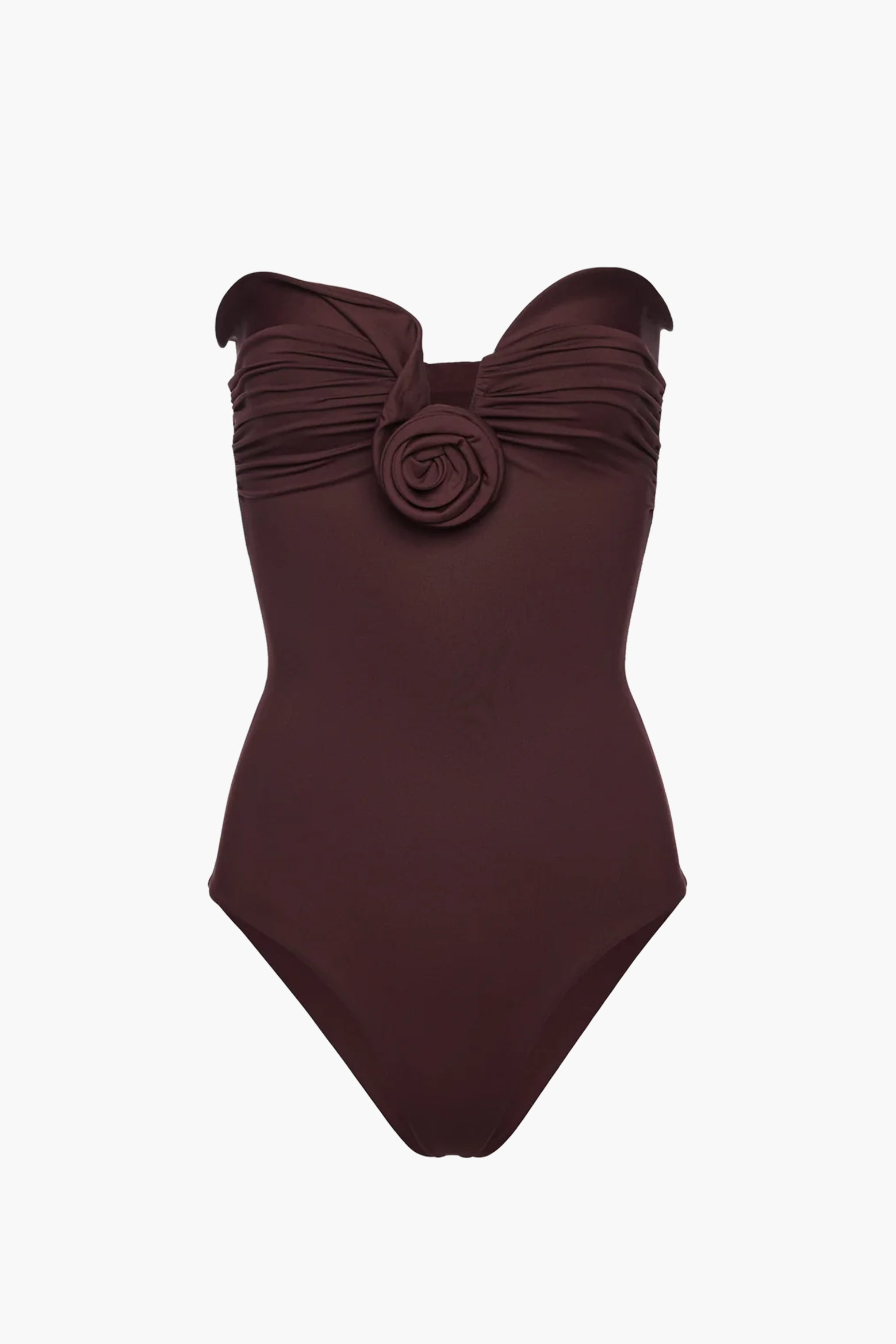MAGDA BUTRYM FLOWER APPLIQUE STRAPLESS DRAPED SWIMSUIT IN BORDEAUX | THE NEW TREND