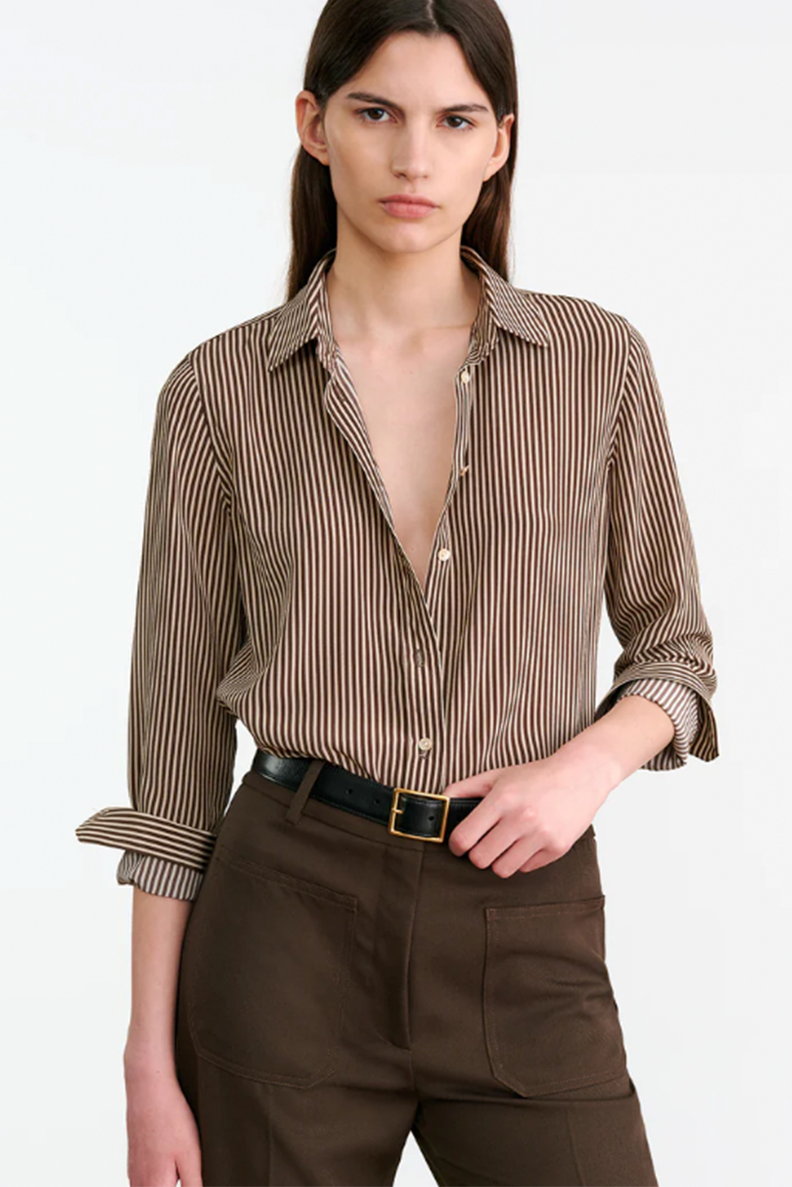 NILI LOTAN GAIA SILK SHIRT IN CHOCOLATE STRIPES | THE NEW TREND