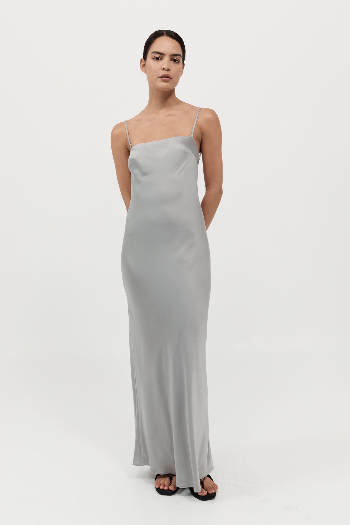 The St Agni Low Back Slip Dress in Silver available at The New Trend Australia