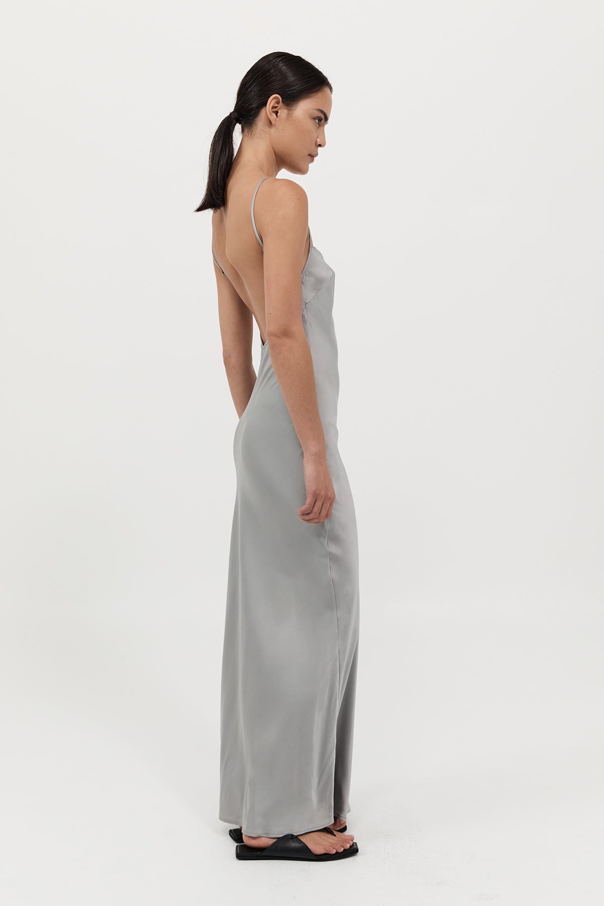 The St Agni Low Back Slip Dress in Silver available at The New Trend Australia