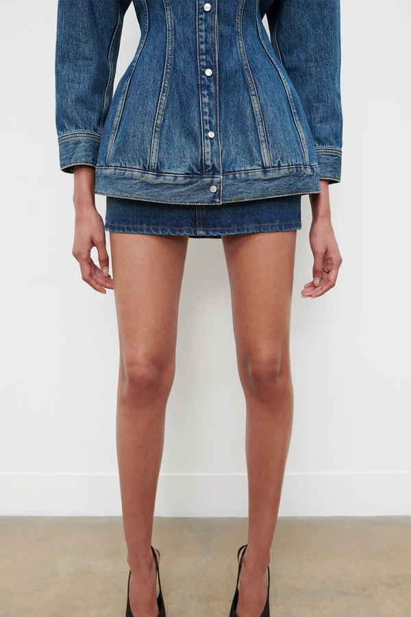 off the shoulder denim jacket dress WARDROBE.NYC DENIM CONTOUR JACKET IN INDIGO