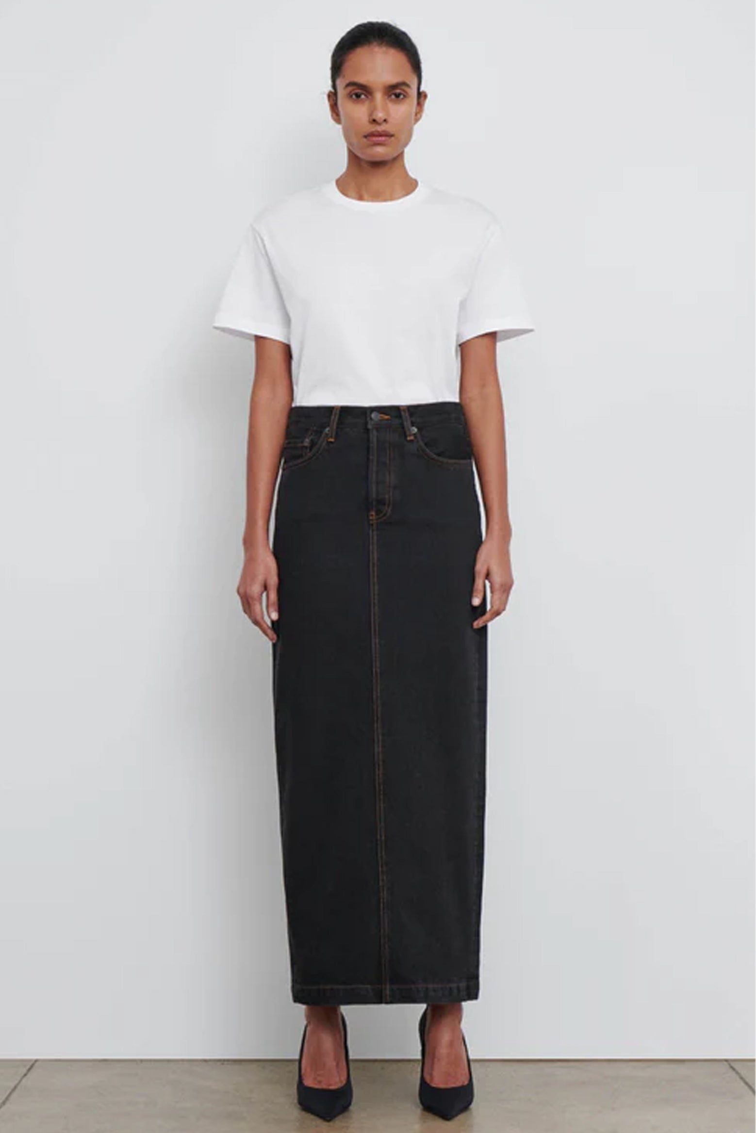 The Wardrobe NYC Denim Column Skirt in Black available at The New Trend Australia