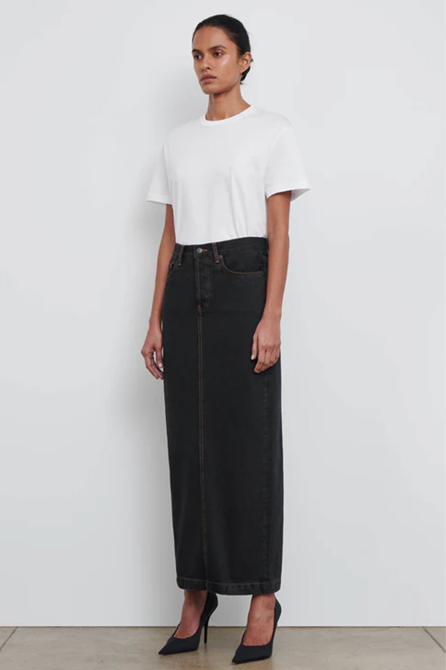 The Wardrobe NYC Denim Column Skirt in Black available at The New Trend Australia