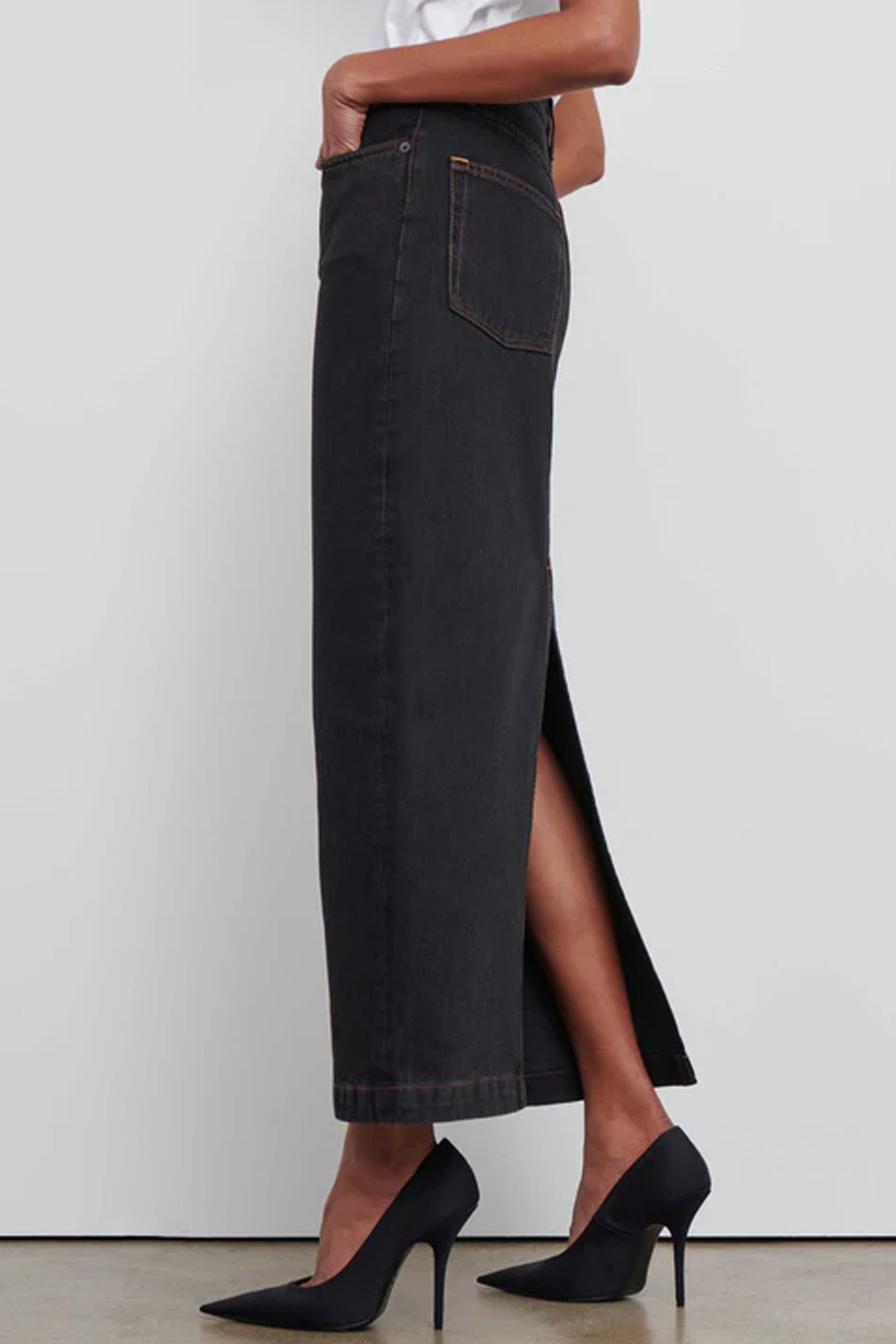 The Wardrobe NYC Denim Column Skirt in Black available at The New Trend Australia