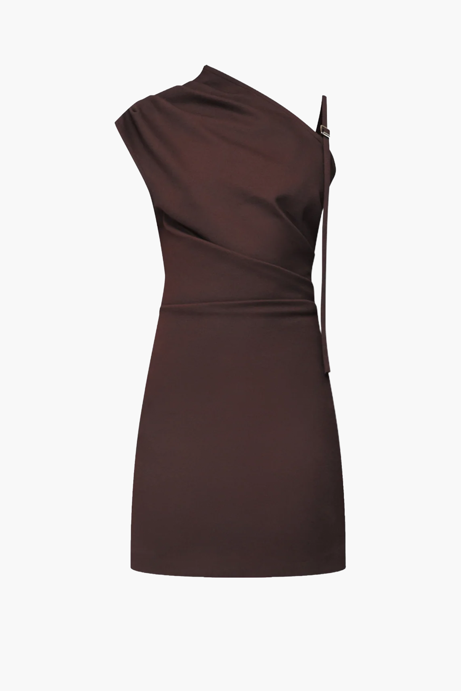 brown long sleeve off the shoulder dress WYNN HAMLYN LUNA BUCKLE MINI DRESS IN DARK BROWN